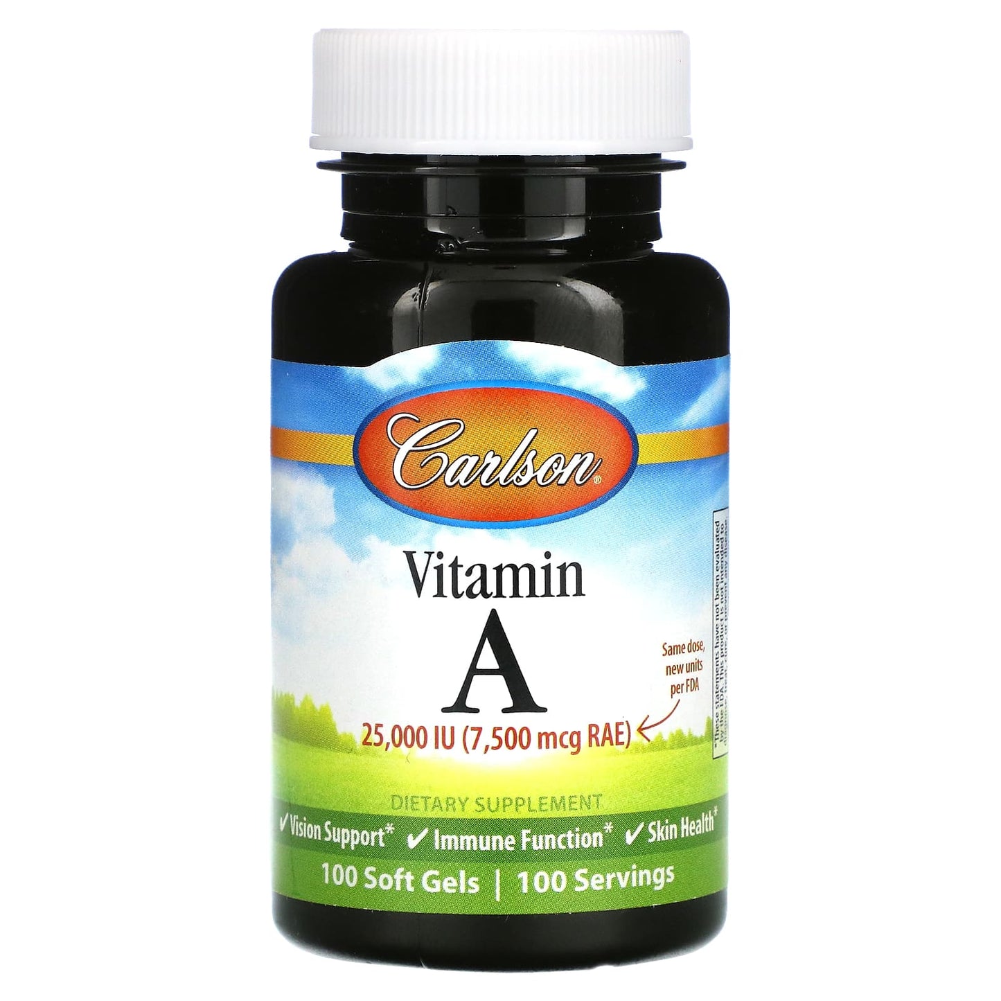Carlson Labs, Vitamin A Natural 25000IU, 100 Softgels UPC 088395011313 | HiLife Vitamins