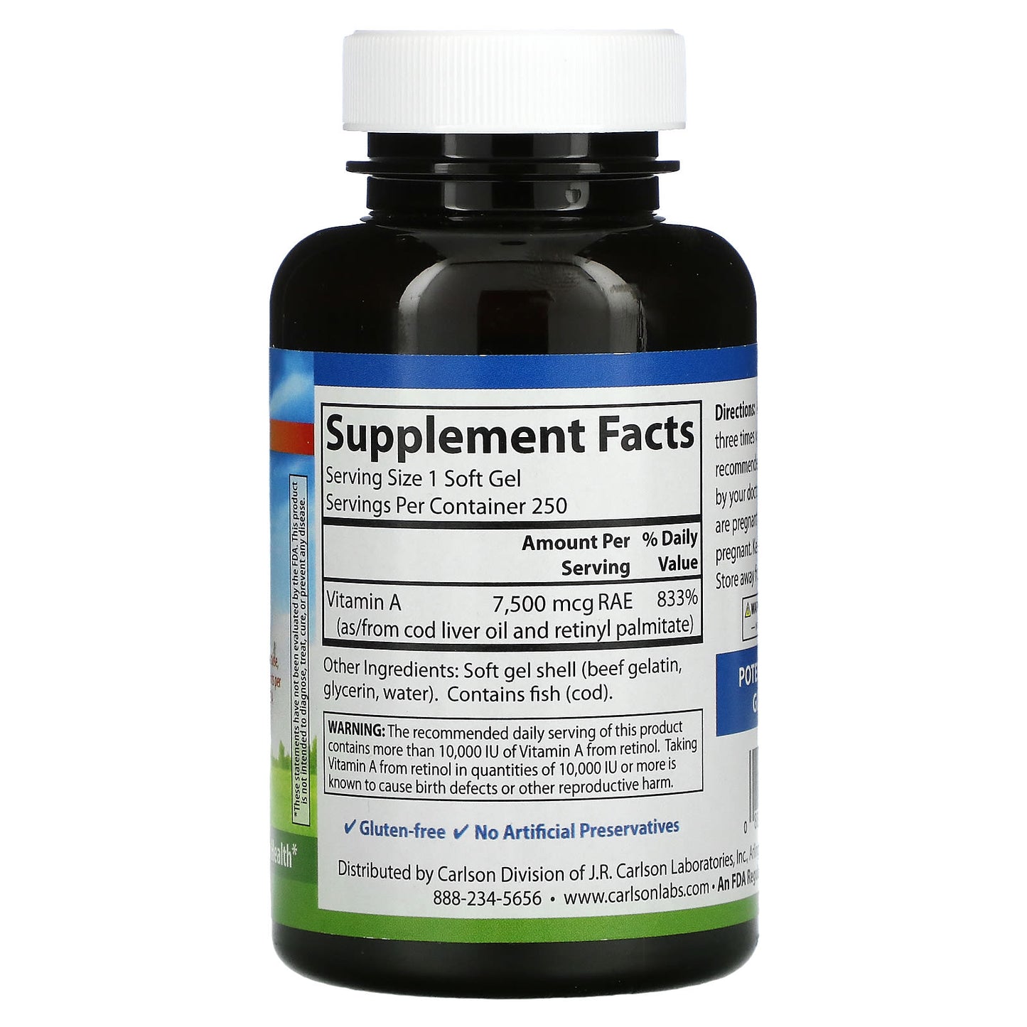 Carlson Labs, Vitamin A Natural 25000 IU, 250 Softgels UPC 088395011320 | HiLife Vitamins