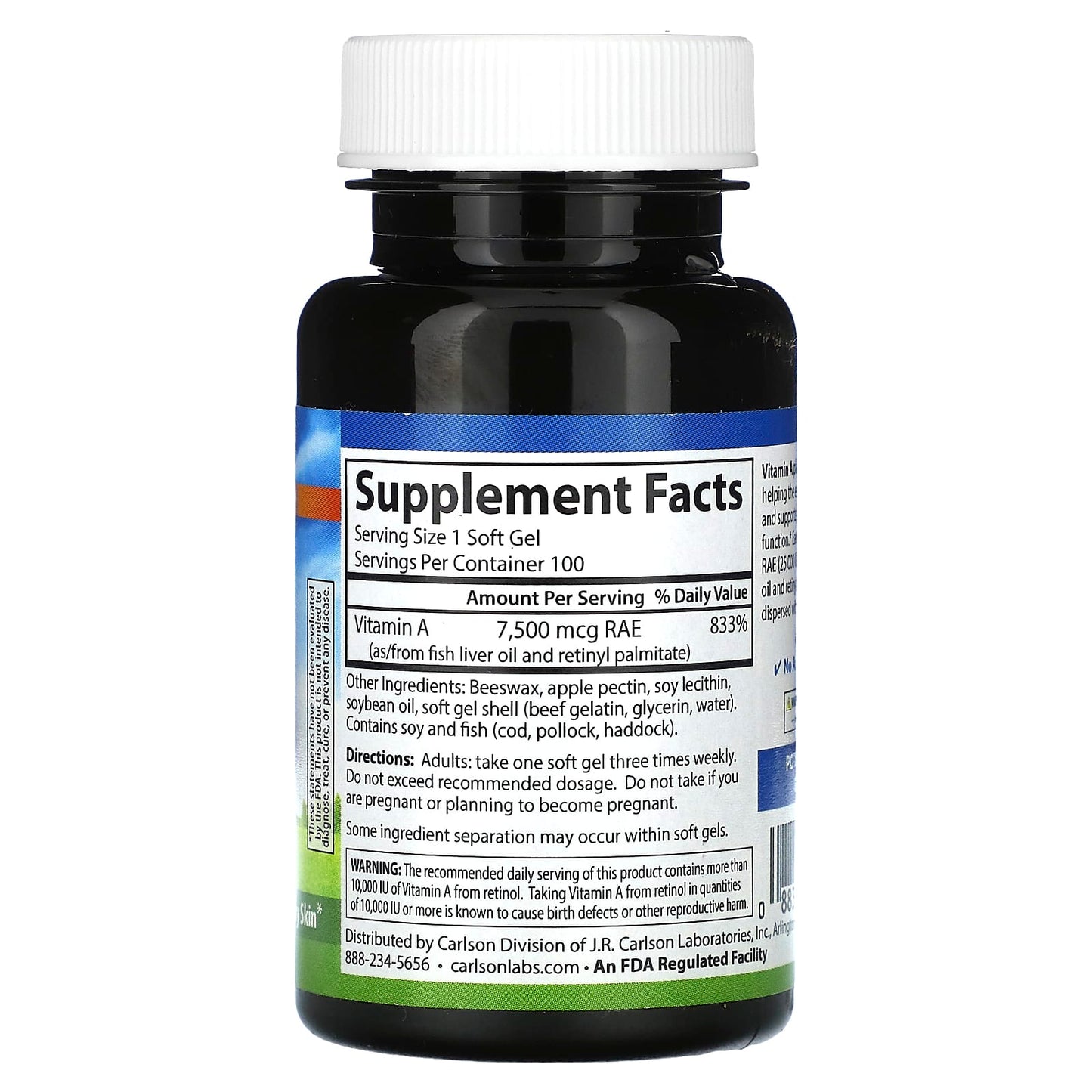 Carlson Labs, A Vitamin with Pectin 25000IU, 100 Softgels UPC 088395011610 | HiLife Vitamins