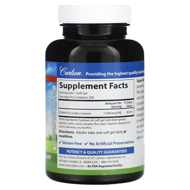 Carlson Labs, Super Beta Carotene, 250 Softgels UPC 088395011825 | HiLife Vitamins