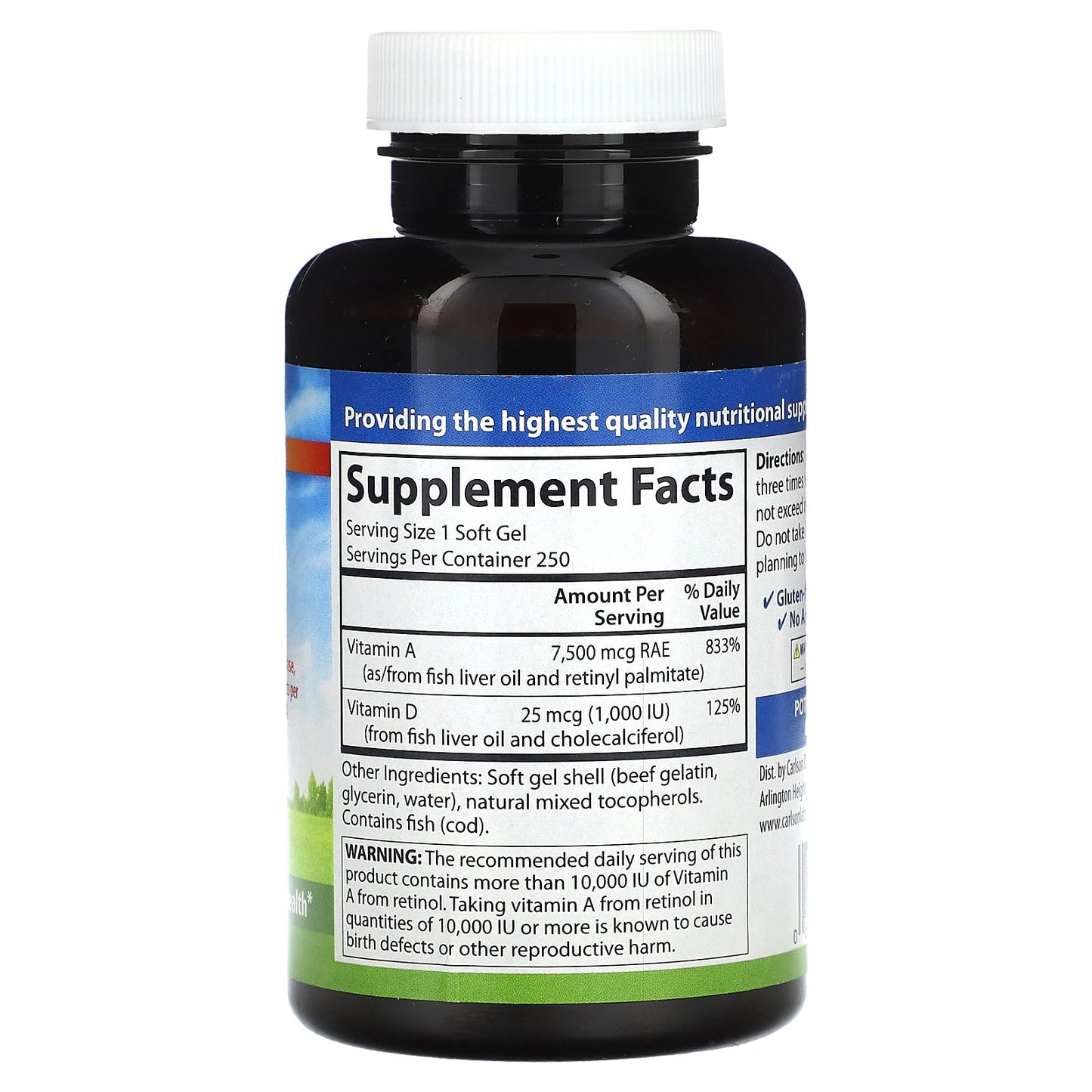Carlson Labs, Vitamin A&D25000/1000IU, 250 Softgels UPC 088395012426 | HiLife Vitamins