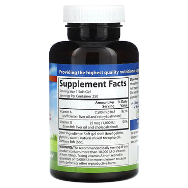 Carlson Labs, Vitamin A&D25000/1000IU, 250 Softgels UPC 088395012426 | HiLife Vitamins