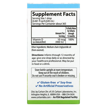 Carlson Labs, Super Daily D3 For Baby 400 IU, .35 Oz UPC 088395012501 | HiLife Vitamins