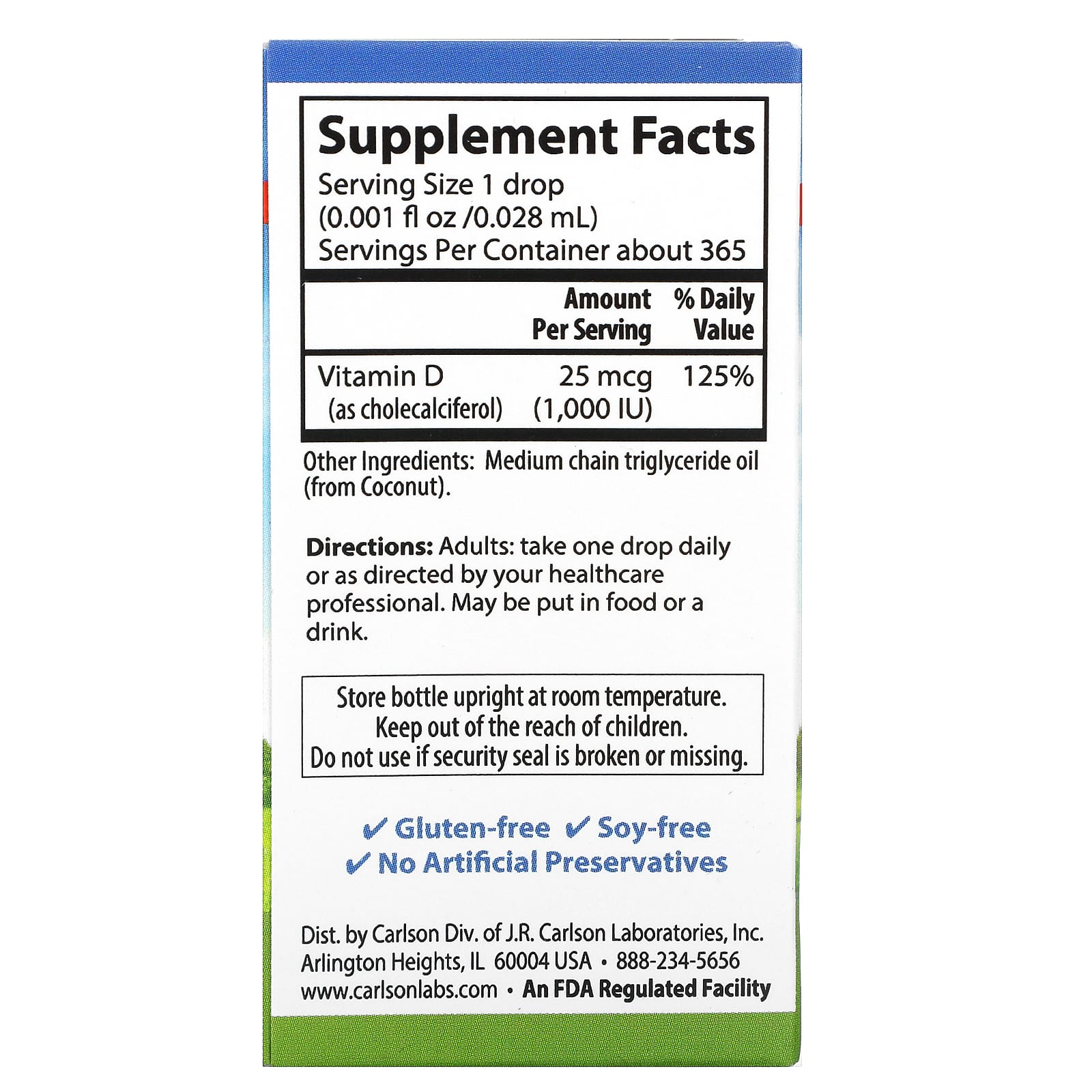 Carlson Labs, super daily D3 Drops 1000IU, 11 mil UPC 088395012709 | HiLife Vitamins