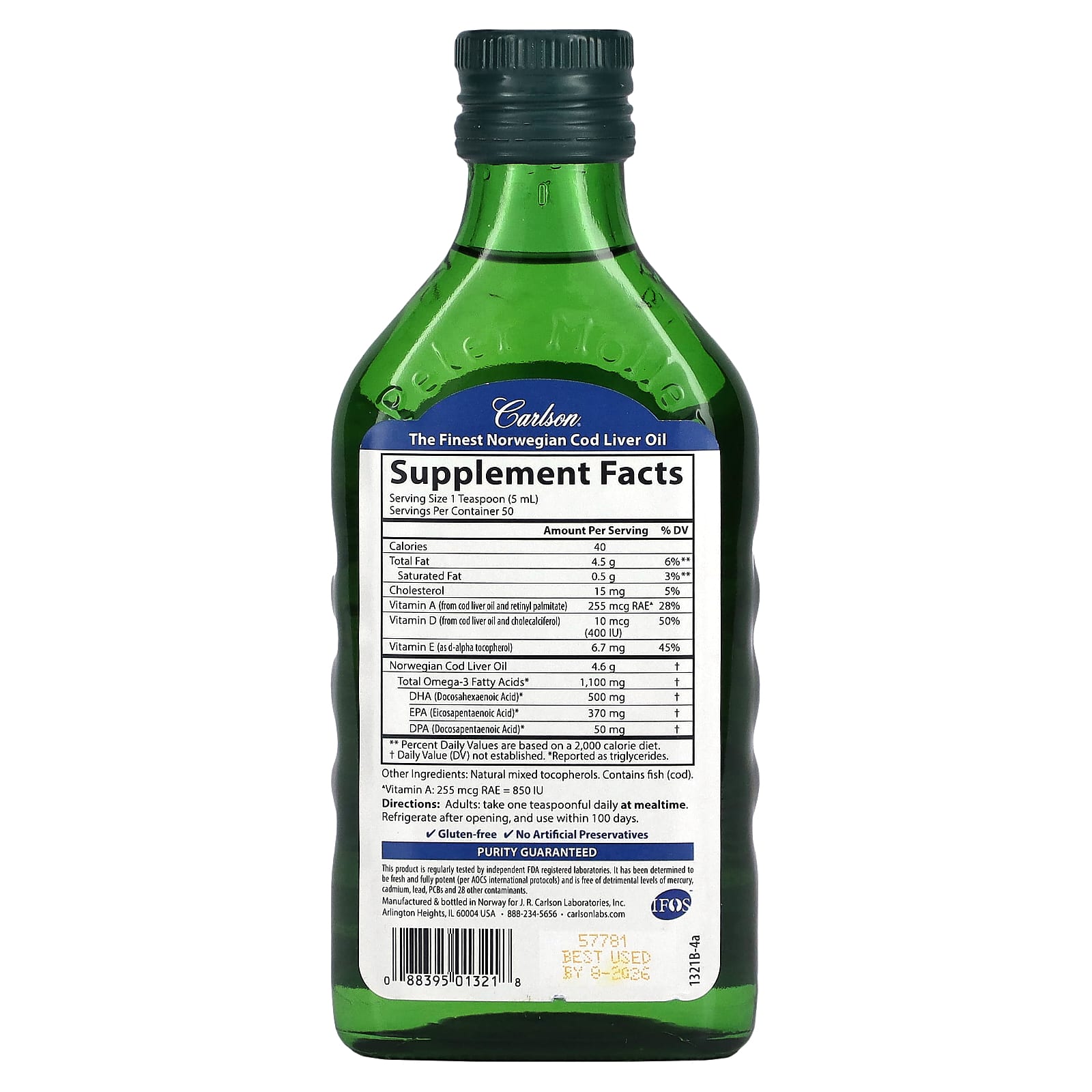 Carlson Labs, Norwegian Cod Liver Oil Liquid Natural, 8.4 Oz UPC 088395013218 | HiLife Vitamins
