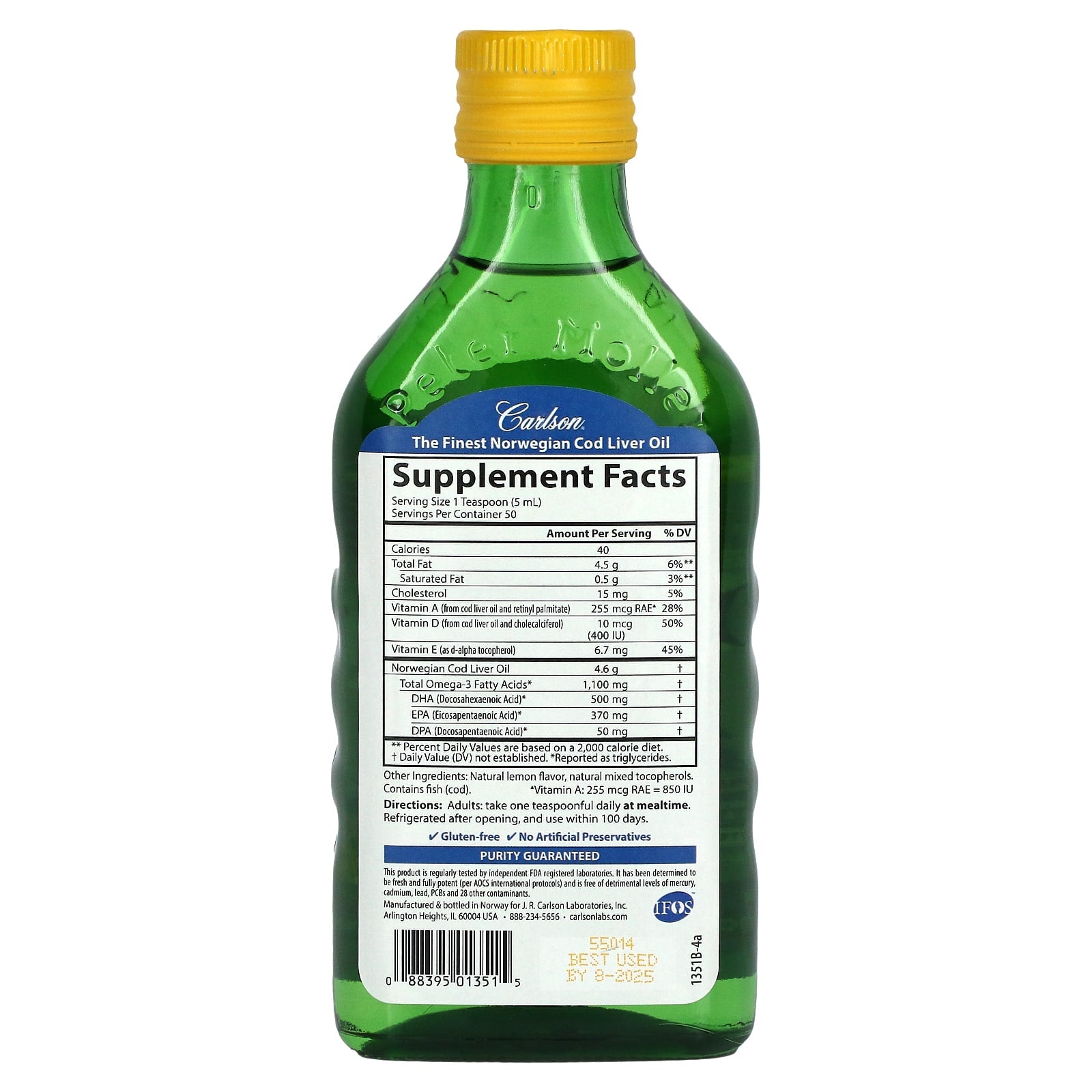 Carlson Labs, Norwegian Cod Liver Oil Lemon Flavor, 8.4 Oz UPC 088395013515 | HiLife Vitamins