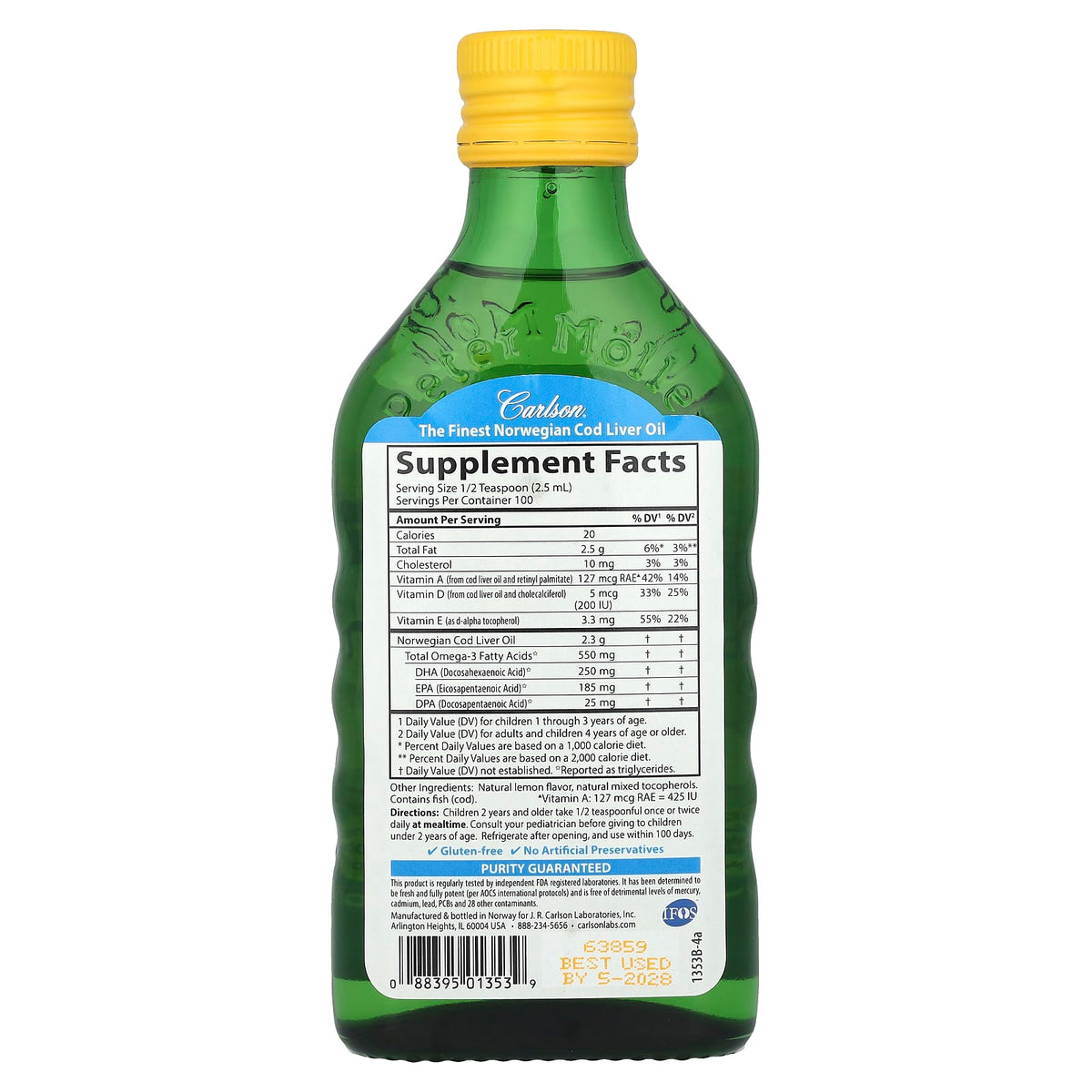 Carlson Labs, Kid's, Norwegian Cod Liver Oil, Natural Lemon, 8.4 fl oz (250 ml) UPC 088395013539 | Hilife Vitamins