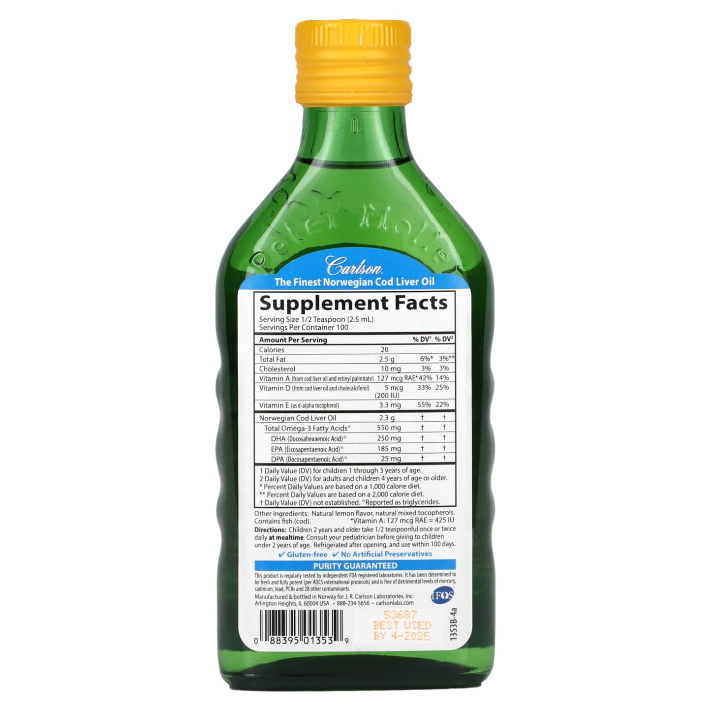 Carlson Labs, Cod Liver Oil Liq. Lemon, kids, 250ml UPC 088395013539 | HiLife Vitamins
