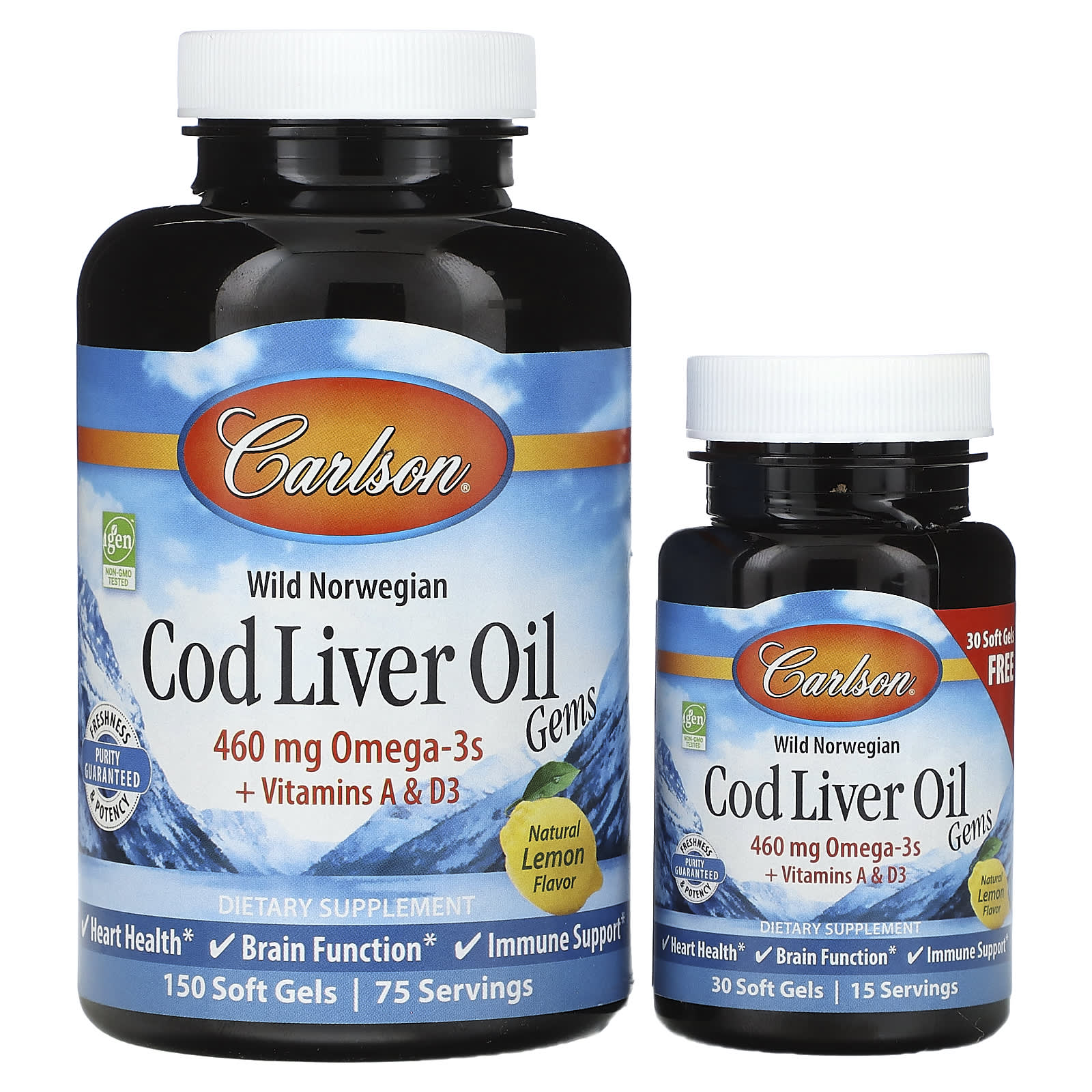 Carlson Labs, Cod Liver Oil Lemon 150 + 30 Free, 180 Softgels UPC 088395013843 | HiLife Vitamins