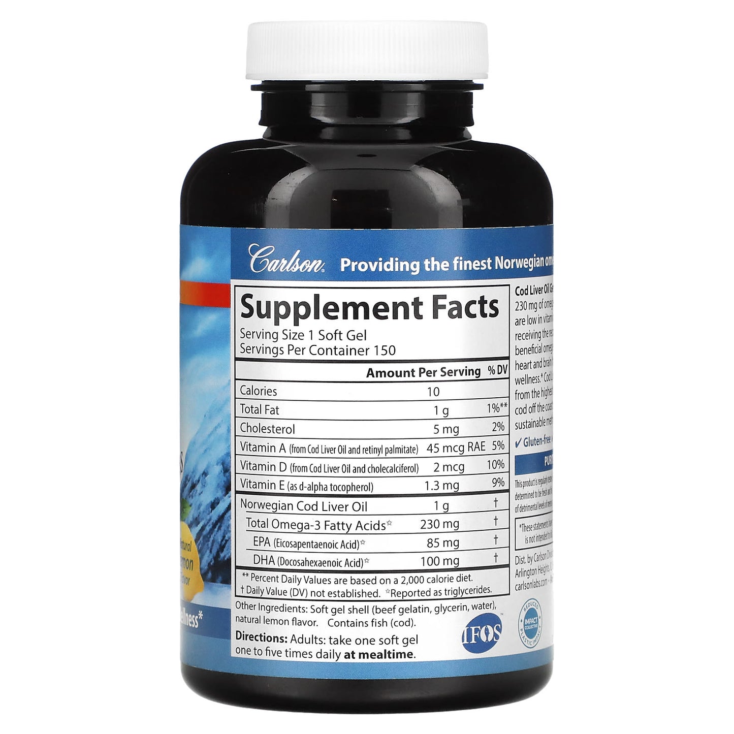 Carlson Labs, Low A Cod Liver Oil, 150 Softgels UPC 088395013911 | HiLife Vitamins
