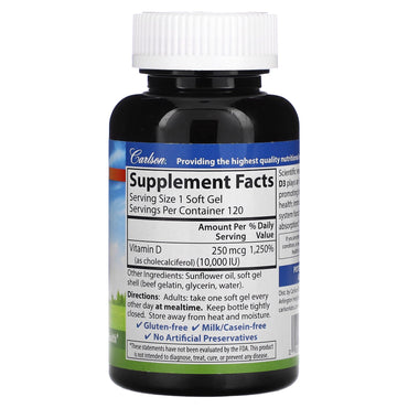 Carlson Labs, D3 10,000IU, 120 Softgels UPC 088395014215 | HiLife Vitamins