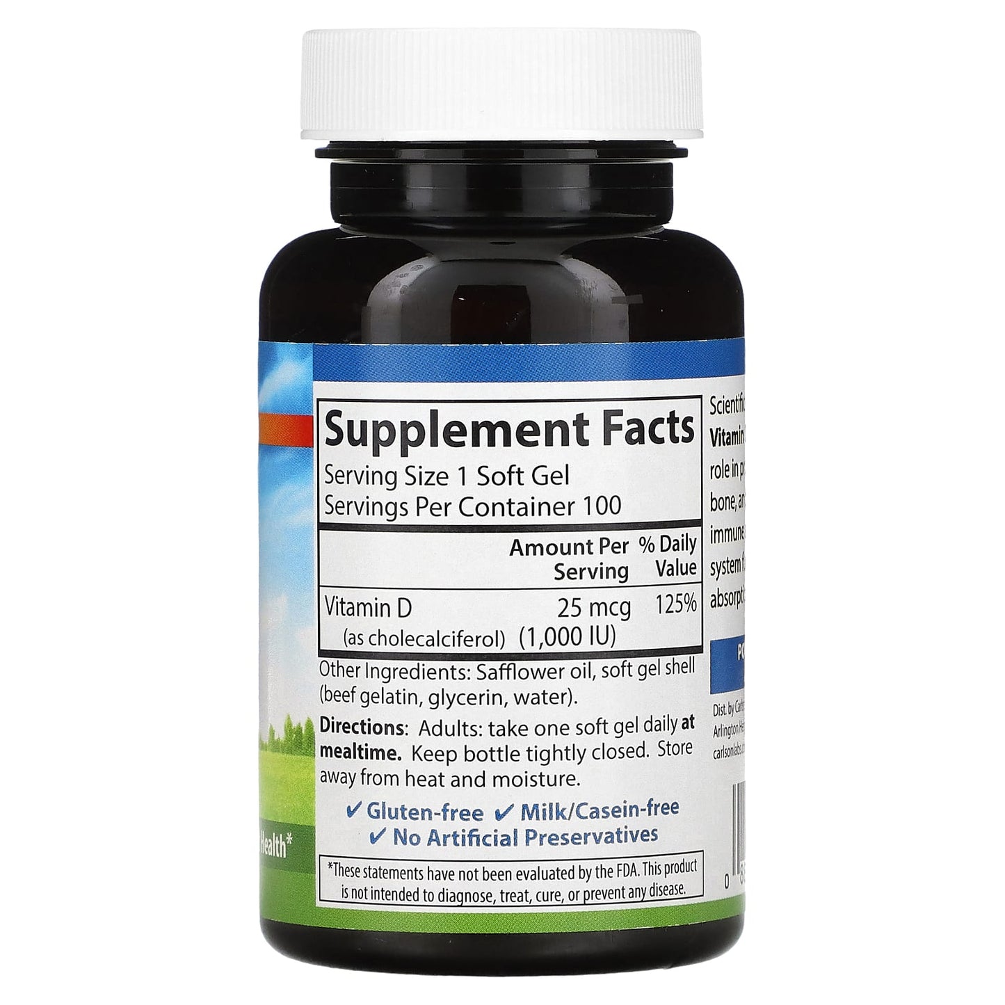Carlson Labs, Vitamin D 3 Nat 1000IU, 100 Softgels UPC 088395014512 | HiLife Vitamins