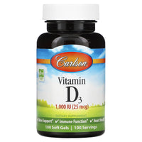 Carlson Labs, Vitamin D 3 Nat 1000IU, 100 Softgels UPC 088395014512 | HiLife Vitamins