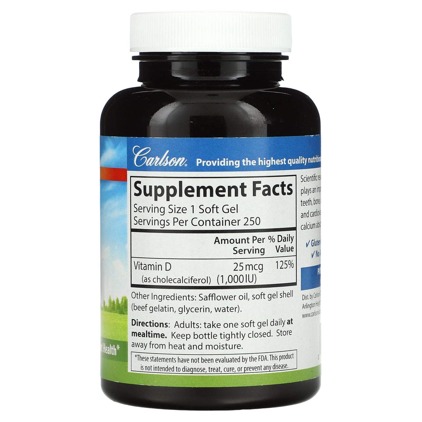 Carlson Labs, Vitamin D 3 Nat 1000 IU, 250 Softgels UPC 088395014529 | HiLife Vitamins