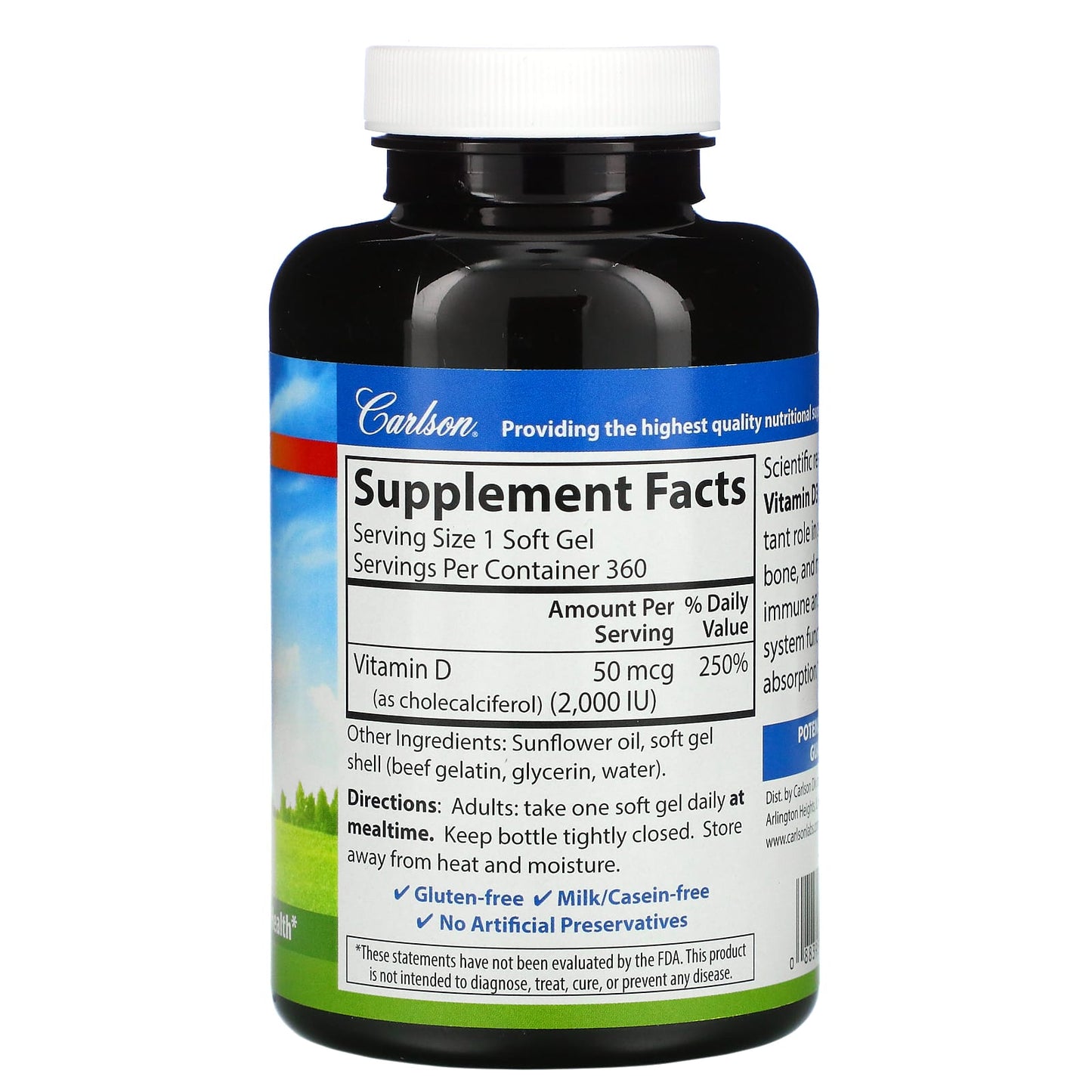 Carlson Labs, Vitamin D 3 2000 IU, 360 Softgels UPC 088395014635 | HiLife Vitamins