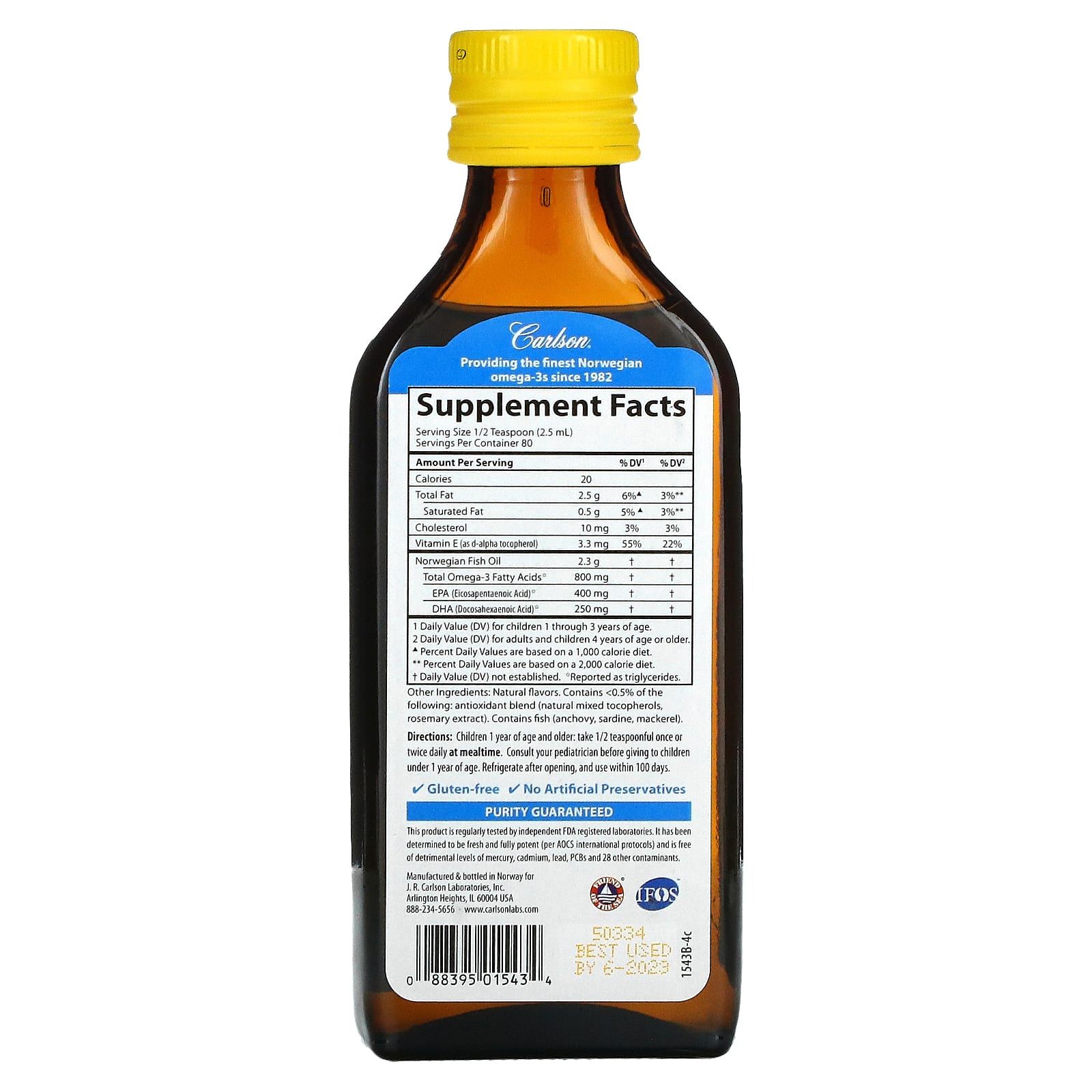 Carlson Labs, Kids fish oil lemon, 250 ml UPC 088395015434 | HiLife Vitamins