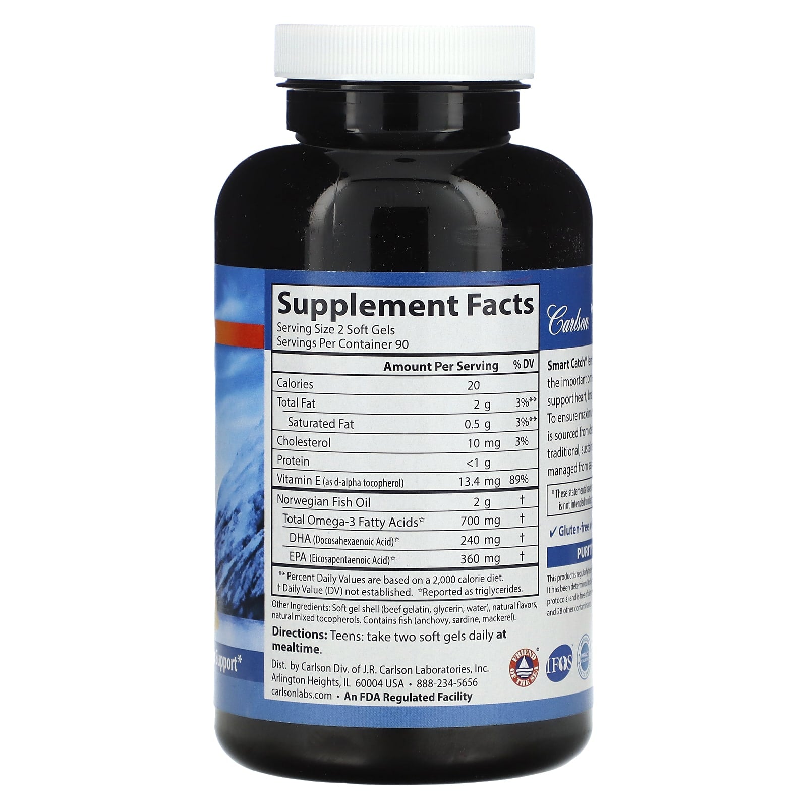 Carlson Labs, SMART CATCH FISH OIL, 180 Softgels UPC 088395016127 | HiLife Vitamins