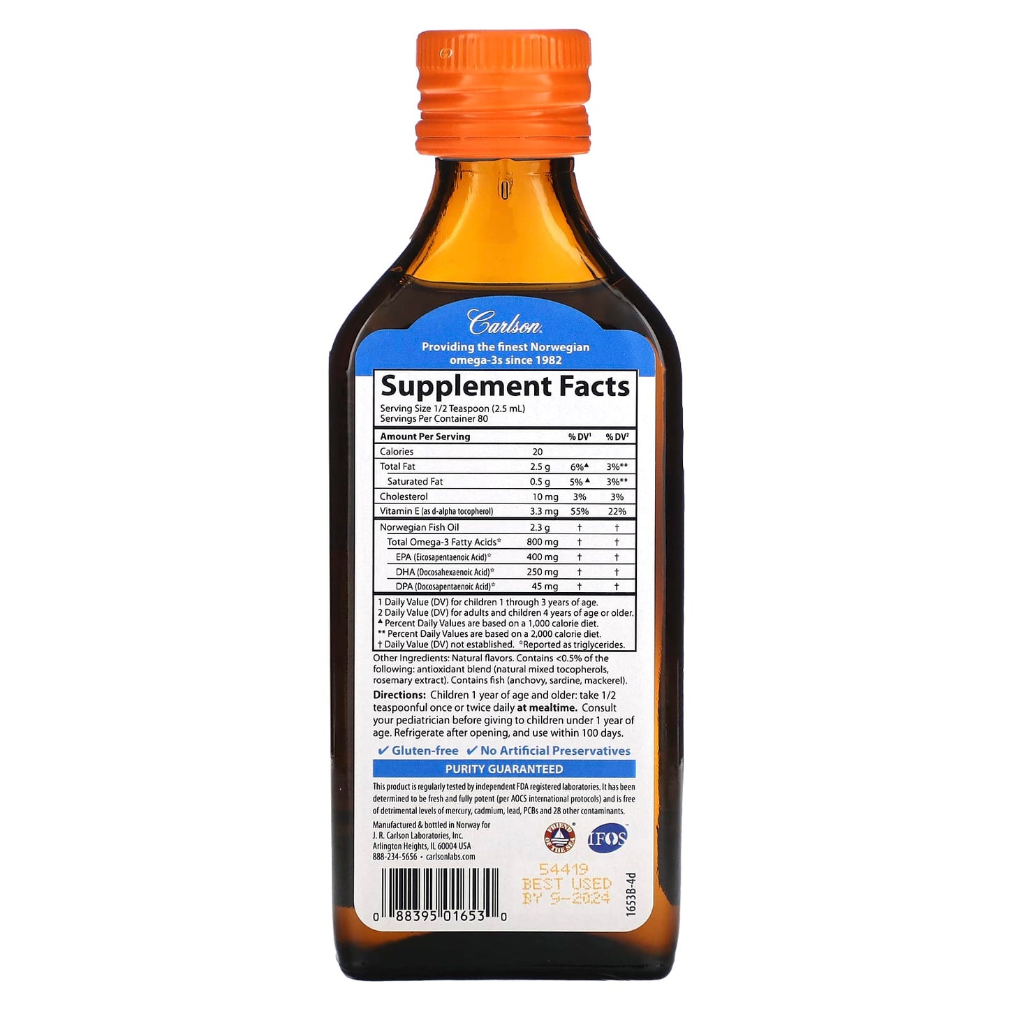 Carlson Labs, Kids Finest Fish Oil Orange, 200 ml UPC 088395016530 | HiLife Vitamins