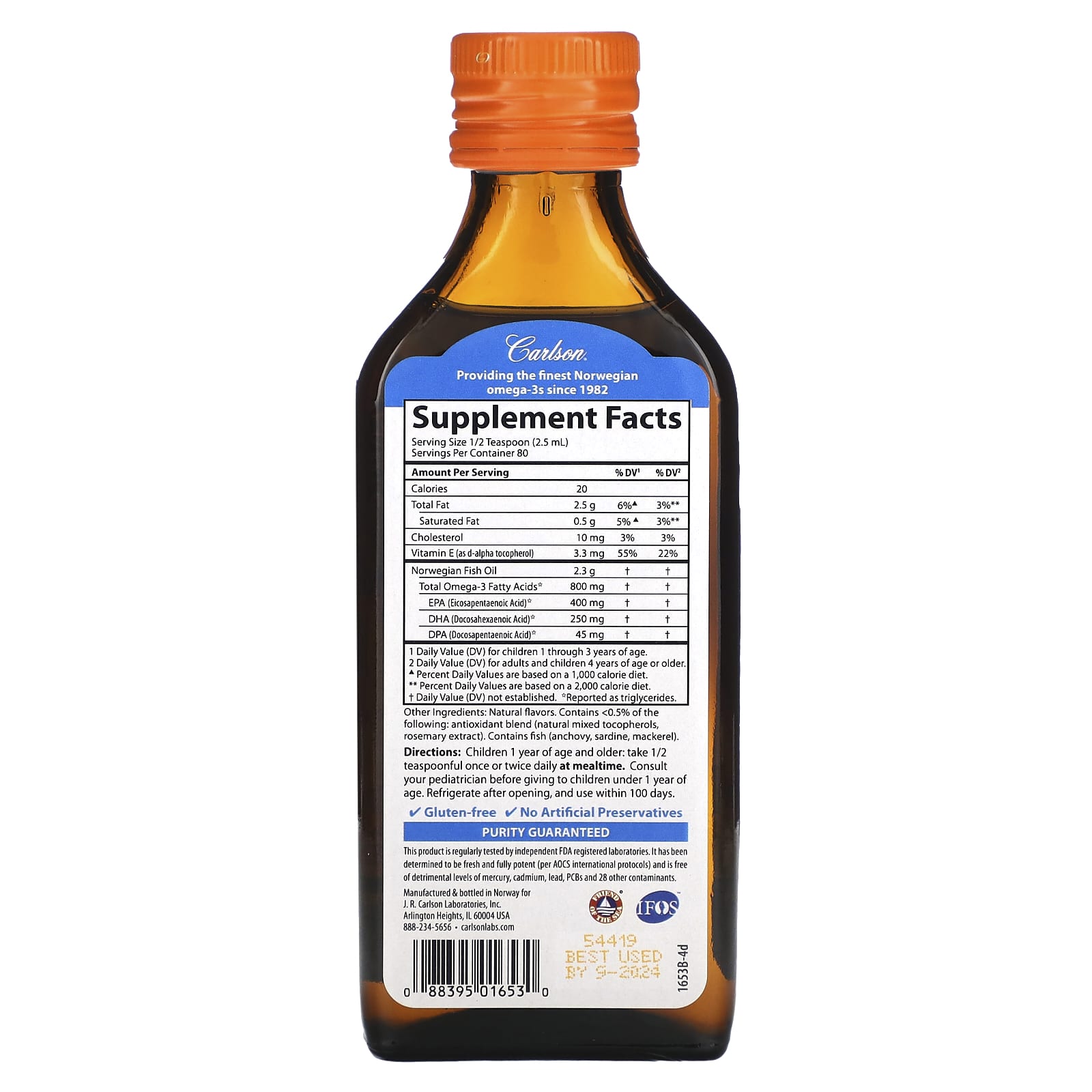 Carlson Labs, Kids Finest Fish Oil Orange, 200 ml UPC 088395016530 | HiLife Vitamins