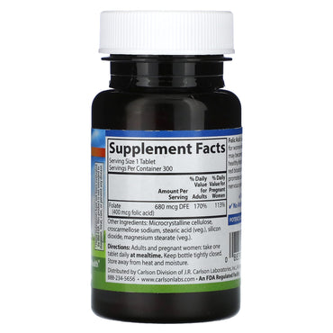 Carlson Labs, Folic Acid 400 mcg, 300 Tablets UPC 088395026539 | HiLife Vitamins