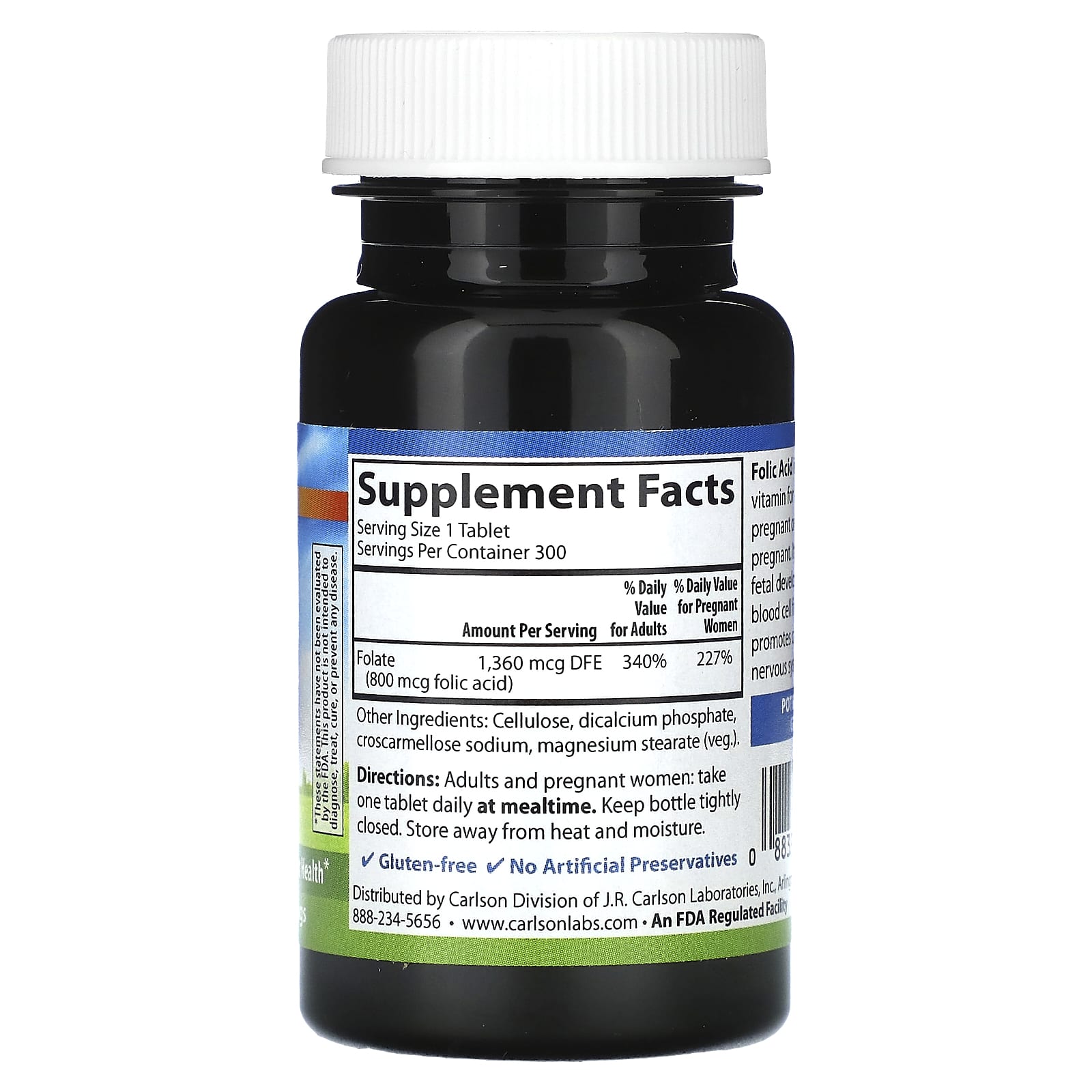 Carlson Labs, Folic Acid 800 mcg, 300 Tablets UPC 088395026638 | HiLife Vitamins