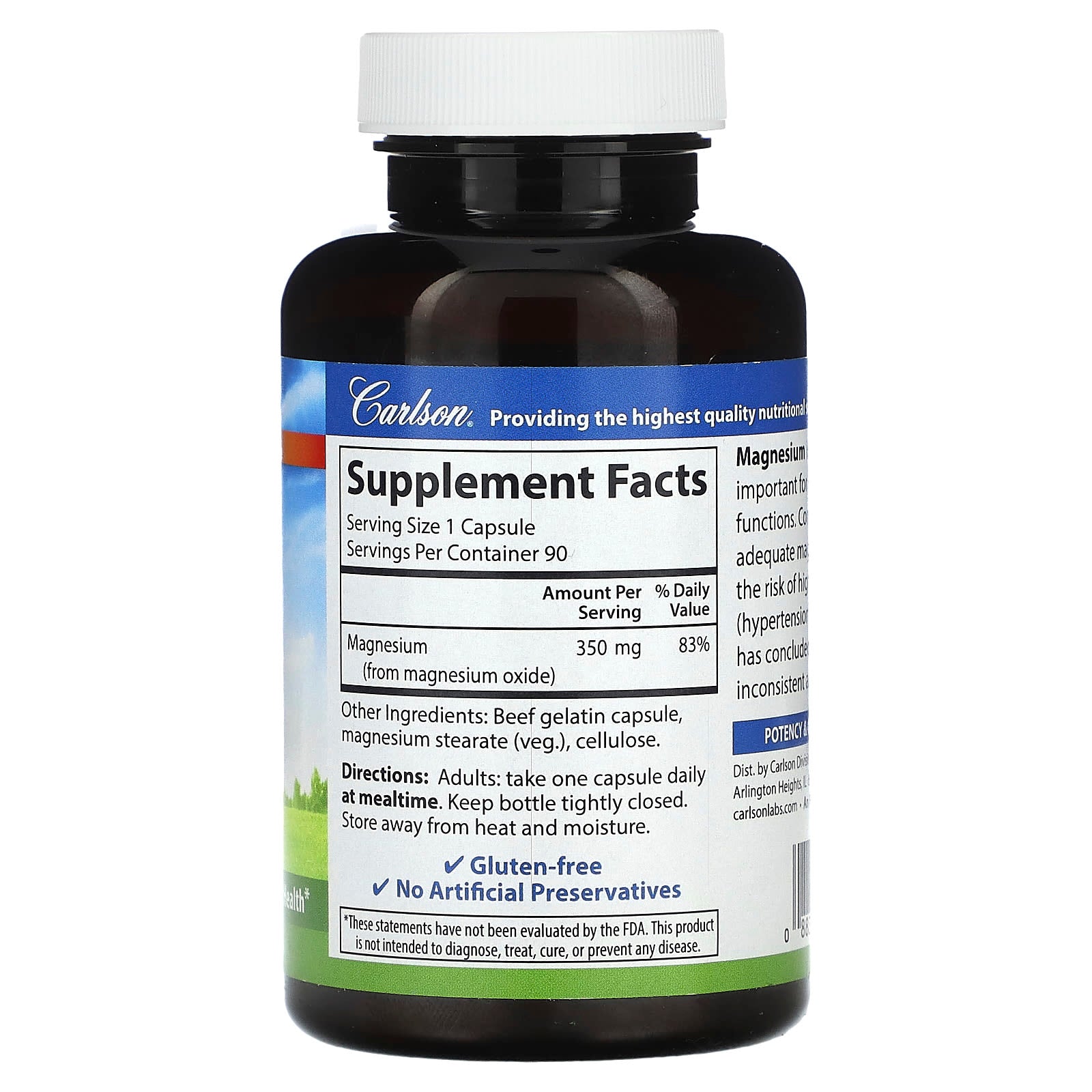 Carlson Labs, Magnesium, 90 Capsules UPC 088395052217 | HiLife Vitamins