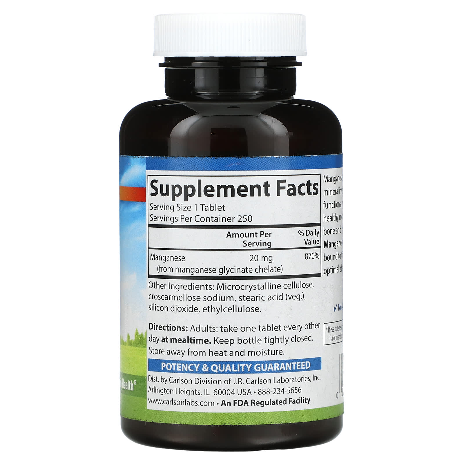 Carlson Labs, Chelated Manganese, 250 Tablets UPC 088395056321 | HiLife Vitamins