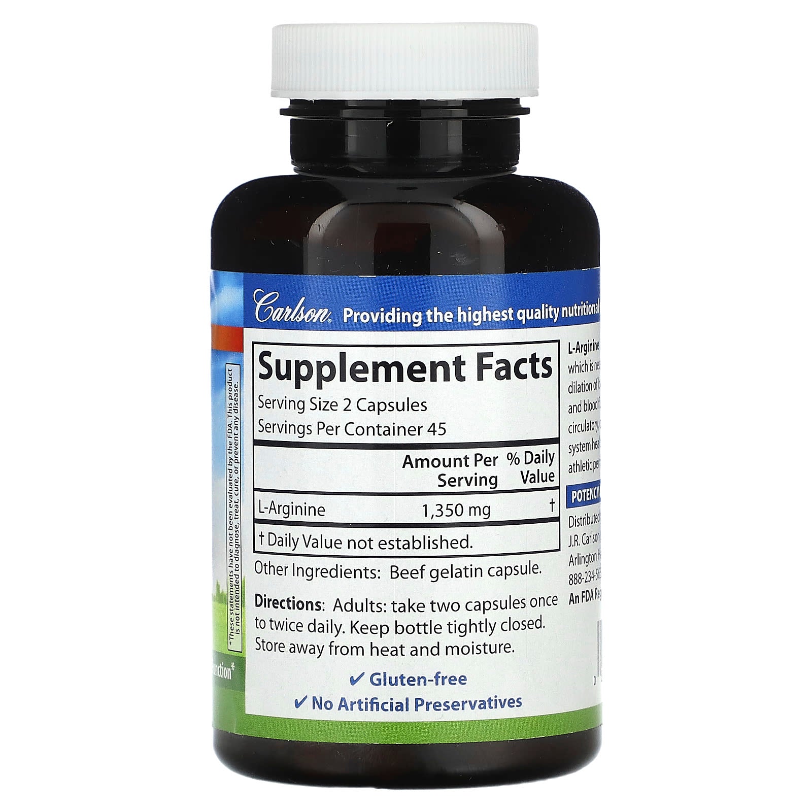 Carlson Labs, L-Arginine, 90 Capsules UPC 088395067310 | HiLife Vitamins