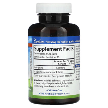 Carlson Labs, L-Arginine, 90 Capsules UPC 088395067310 | HiLife Vitamins