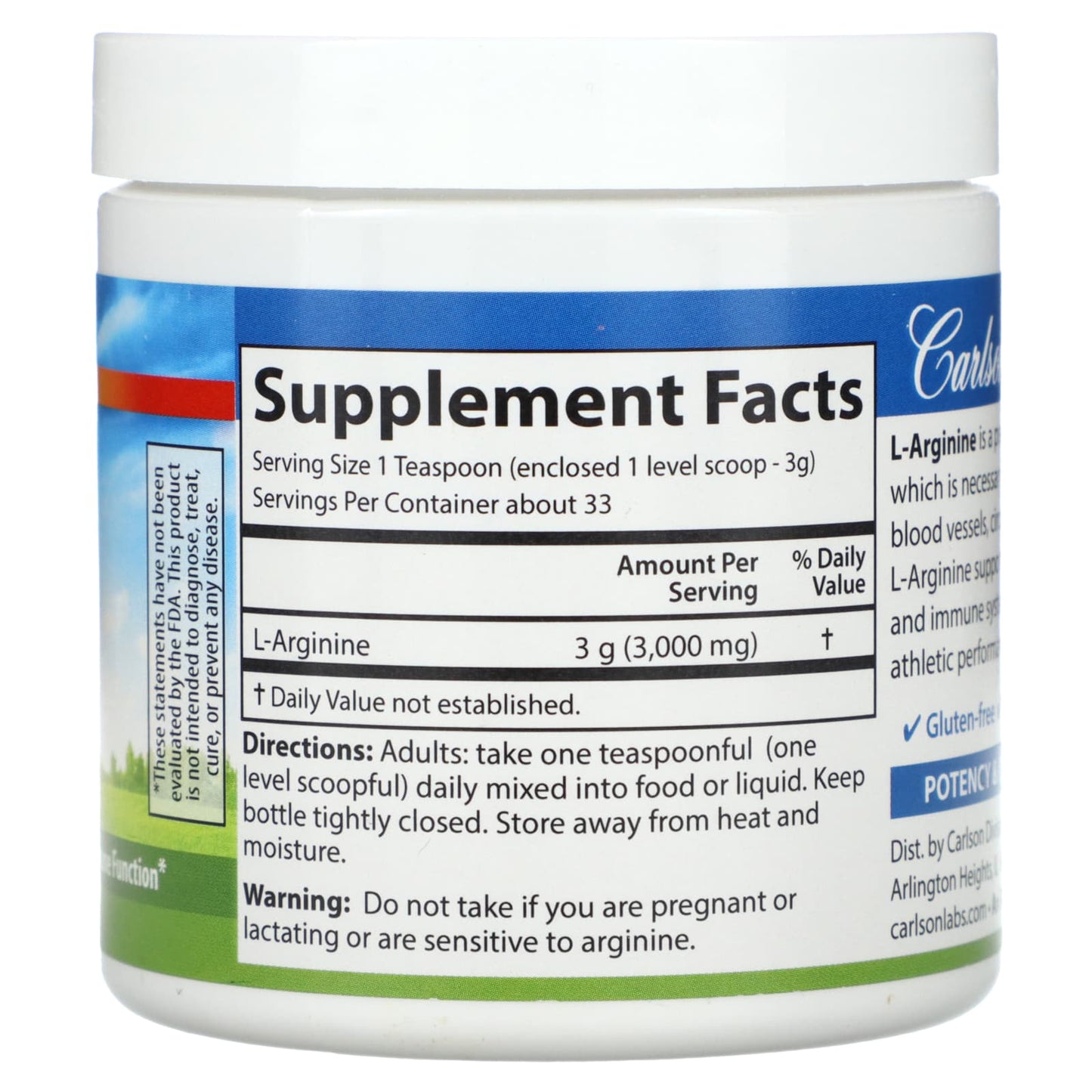 Carlson Labs, L-Arginine Pwd, 100 Bottle UPC 088395067358 | HiLife Vitamins