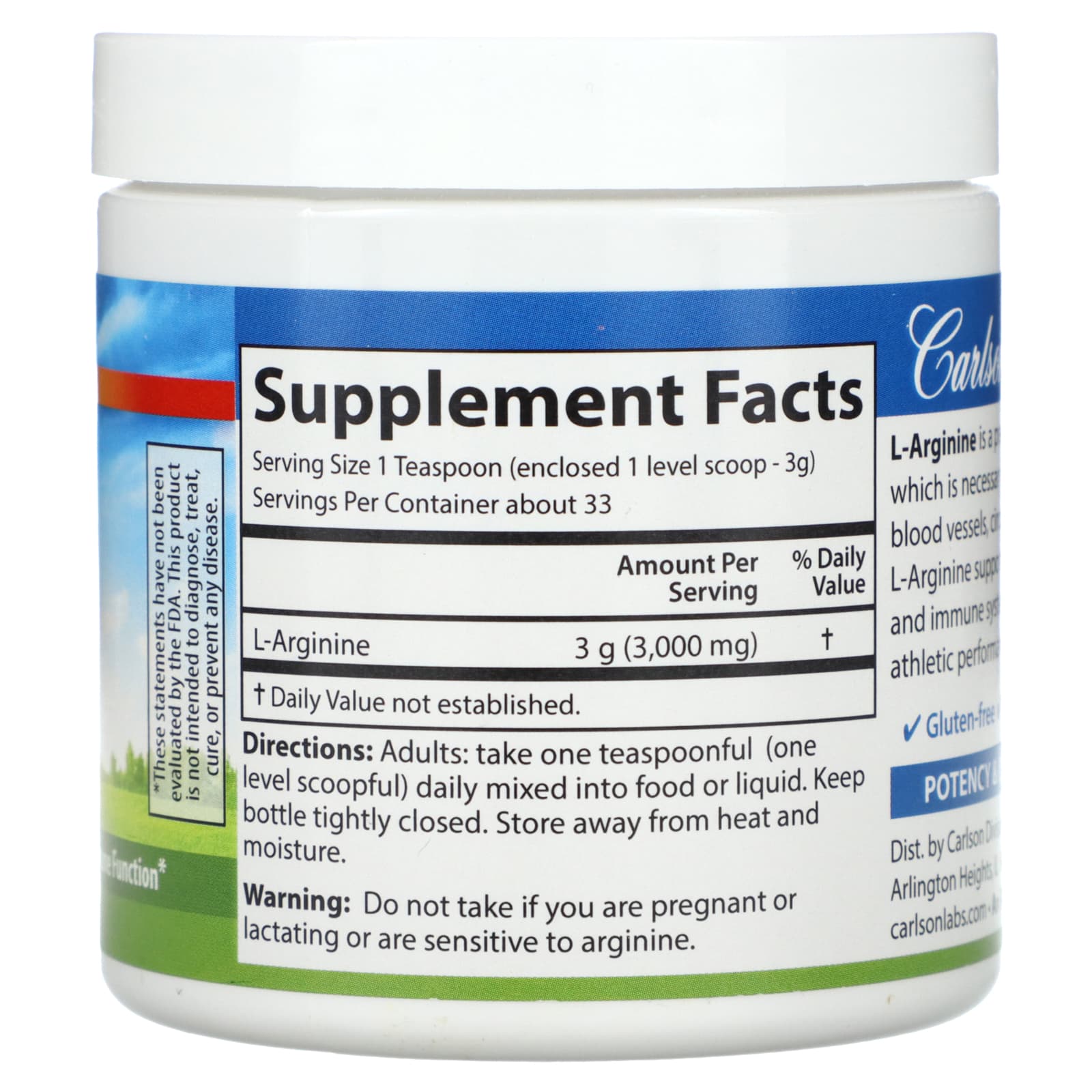 Carlson Labs, L-Arginine Pwd, 100 Bottle UPC 088395067358 | HiLife Vitamins