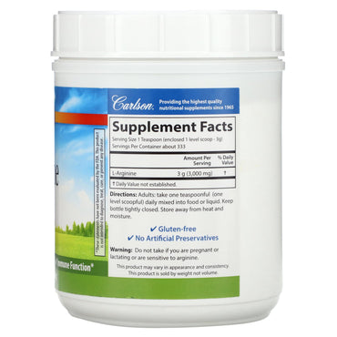 Carlson Labs, L-Arginine Pwd, 1000 Bottle UPC 088395067365 | HiLife Vitamins