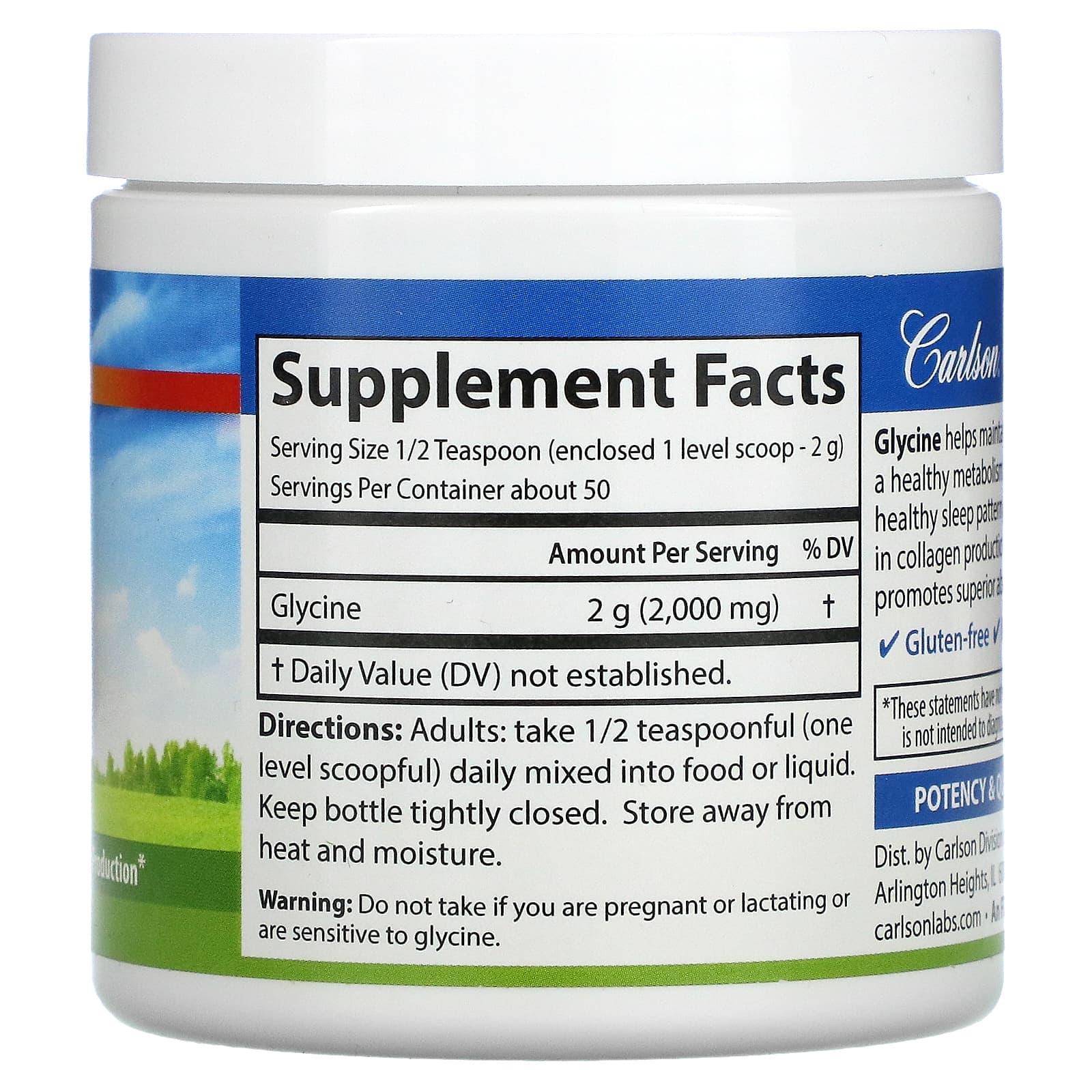 Carlson Labs, Glycine Powder 50 Servings, 100 gms UPC 088395068355 | HiLife Vitamins