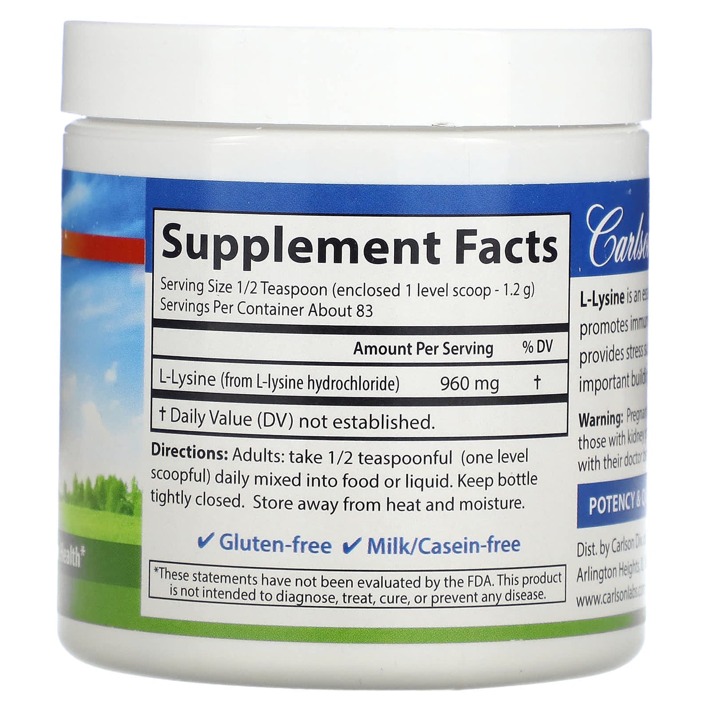 Carlson Labs, L-Lysine Powder, 100 gms UPC 088395068850 | HiLife Vitamins