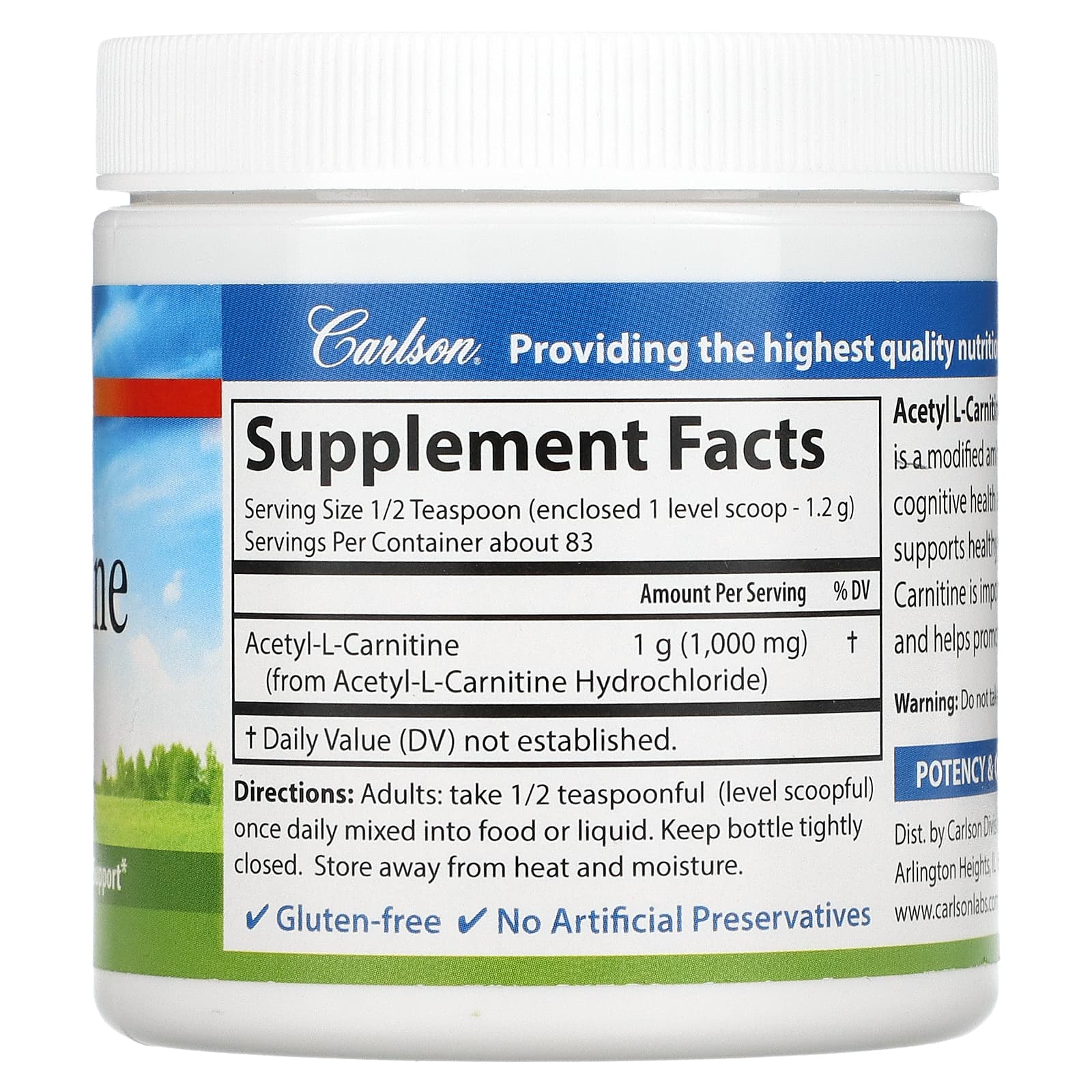 Carlson Labs, Acetyl L-Carnitine Powder, Free-Form Amino Acid, 3.53 oz (100g) UPC 088395079252 | HiLife Vitamins