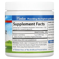 Carlson Labs, Acetyl L-Carnitine Powder, Free-Form Amino Acid, 3.53 oz (100g) UPC 088395079252 | HiLife Vitamins
