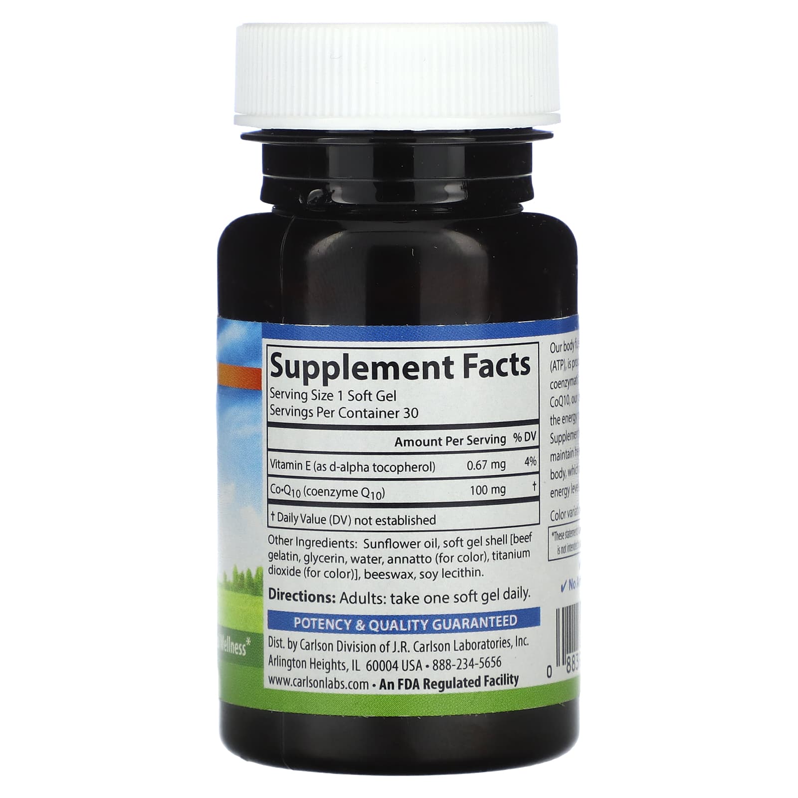 Carlson Labs, Co-Q-10 100mg, 30 Softgels UPC 088395082405 | HiLife Vitamins