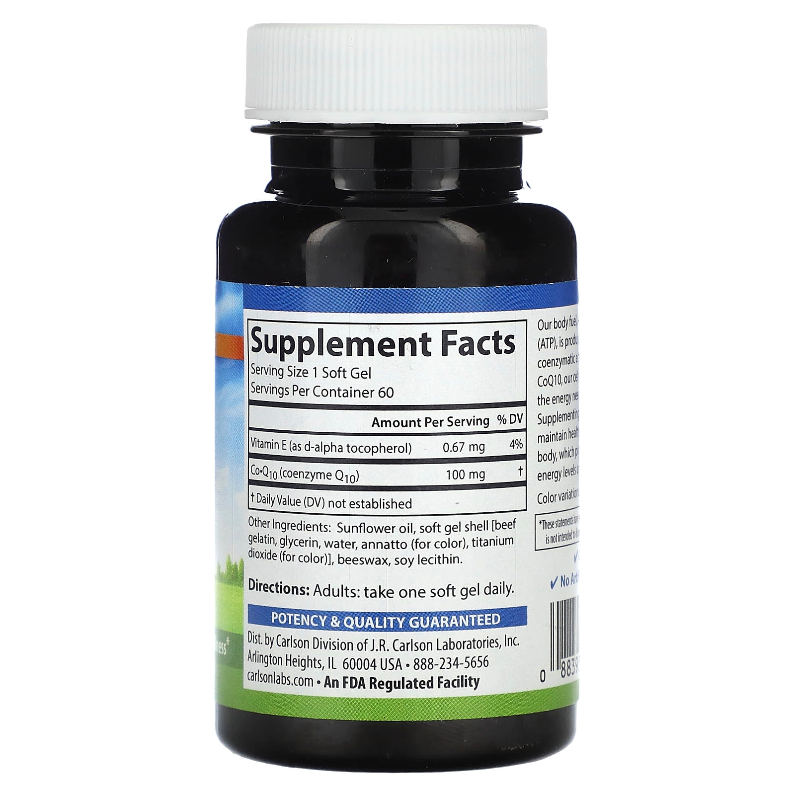 Carlson Labs, Co-Q-10 100 mg, 60 Softgels UPC 088395082467 | HiLife Vitamins