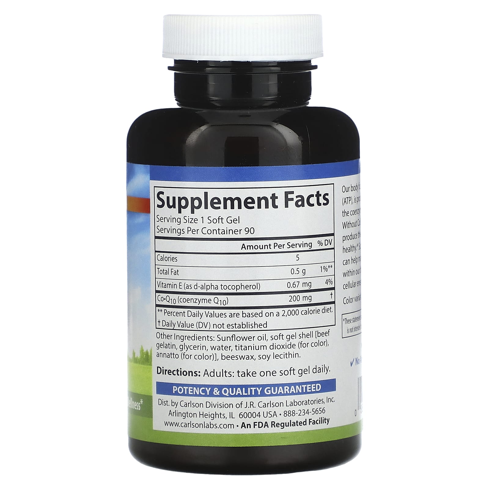 Carlson Labs, Co-Q-10 200mg, 90 Softgels UPC 088395082511 | HiLife Vitamins