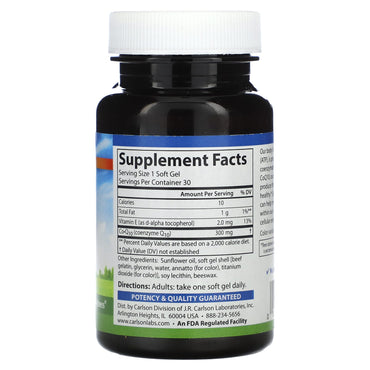 Carlson Labs, Co-Q-10 300mg, 30 Softgels UPC 088395082603 | HiLife Vitamins