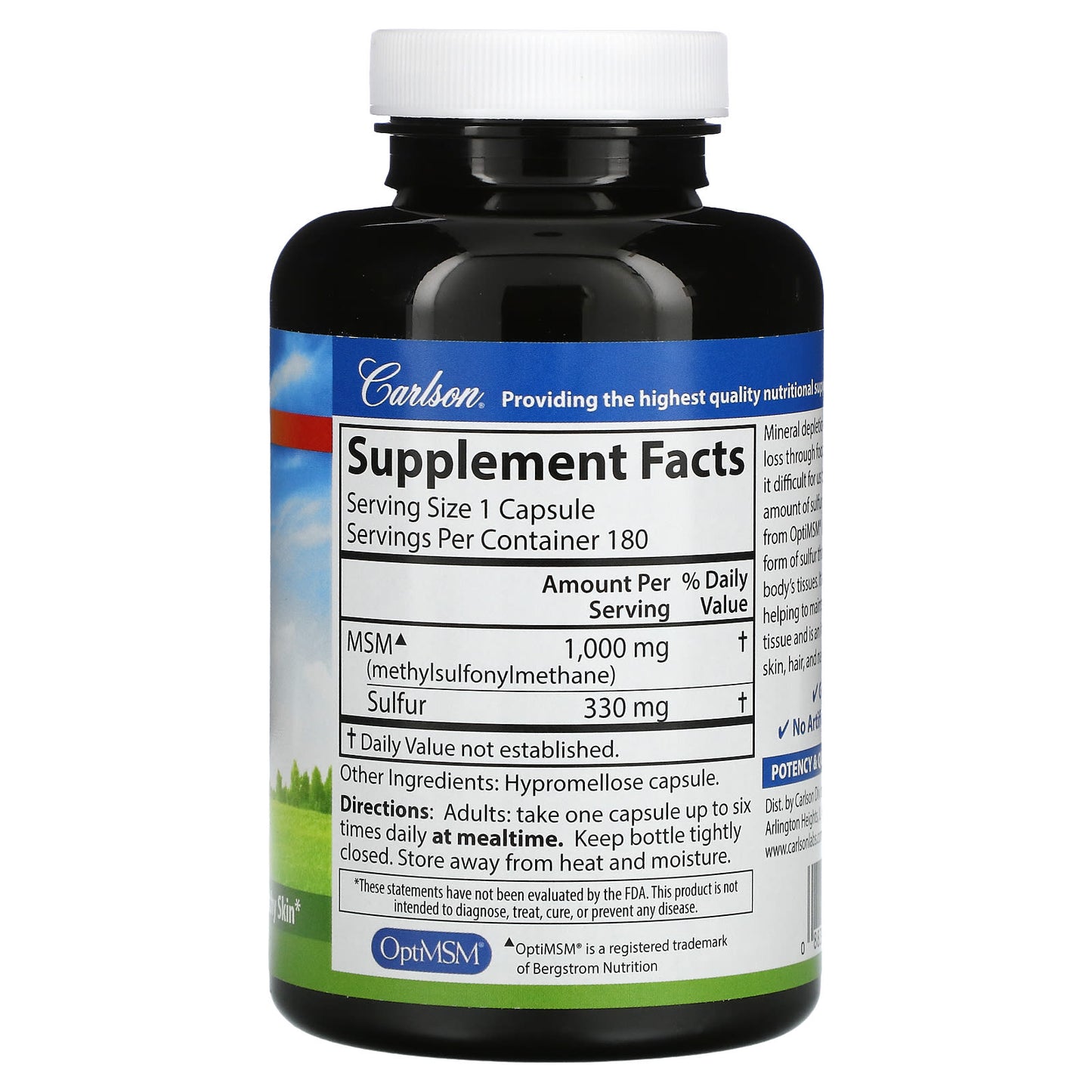 Carlson Labs, MSM-Sulfur 800mg, 180 Capsules UPC 088395087226 | HiLife Vitamins