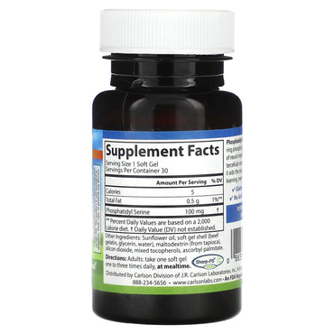 Carlson Labs, Phosphatidyl Ser 100mg, 30 Softgels UPC 088395087707 | HiLife Vitamins