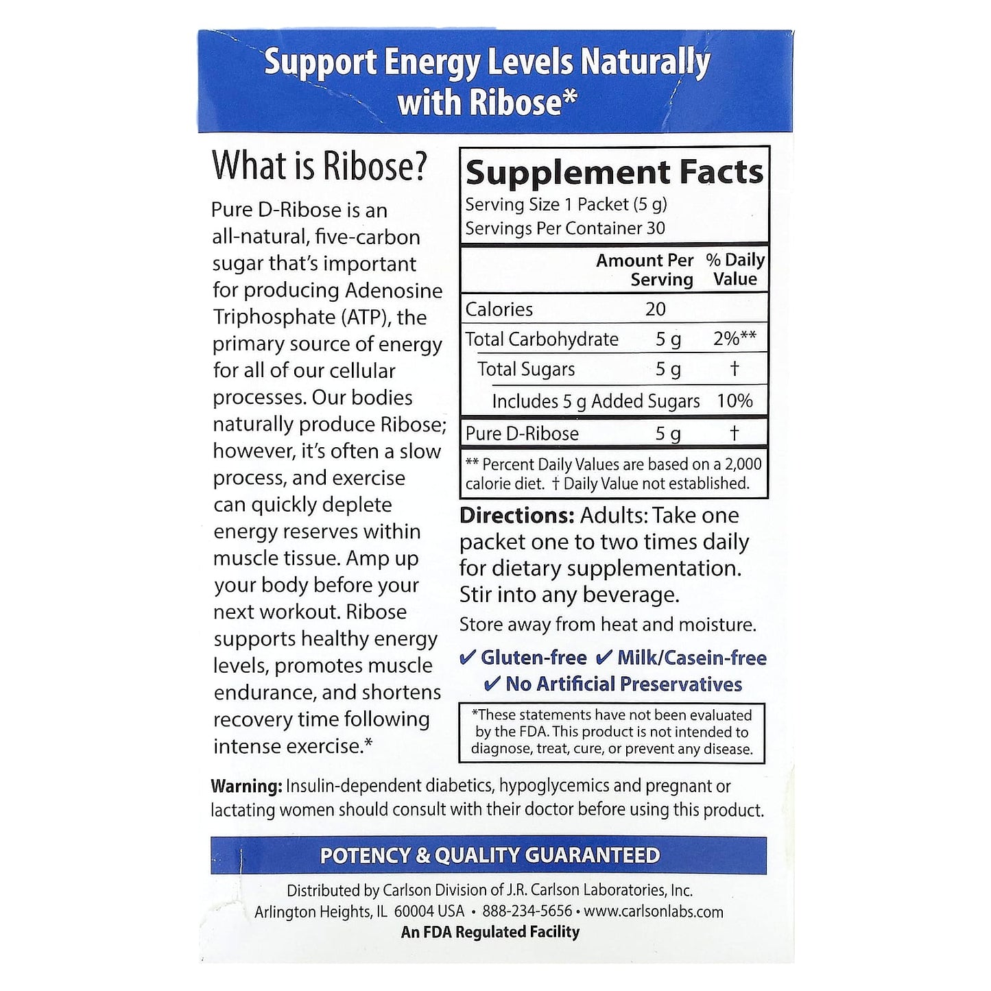 Carlson Labs, RIBOSE, 30 Packets UPC 088395088247 | HiLife Vitamins