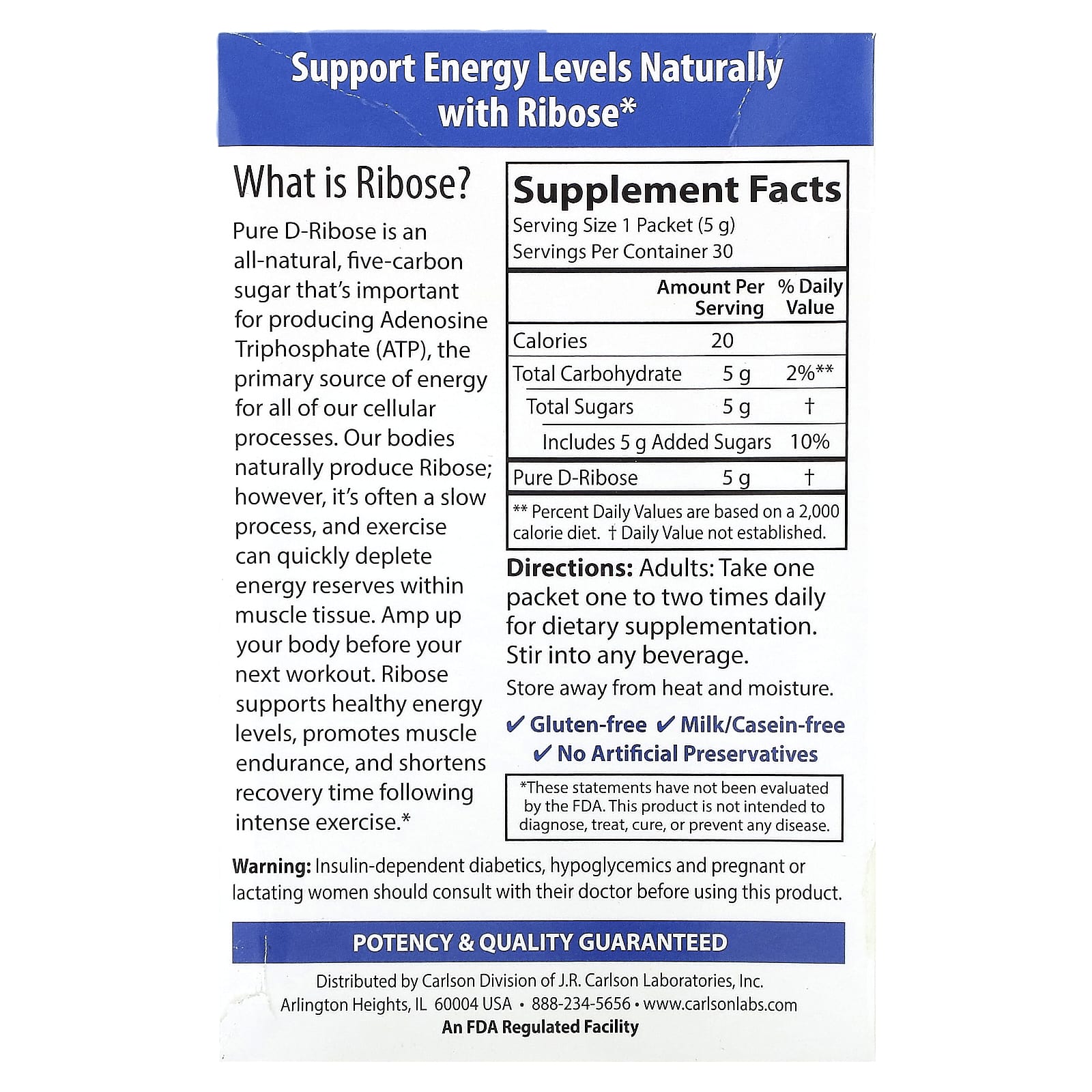 Carlson Labs, RIBOSE, 30 Packets UPC 088395088247 | HiLife Vitamins