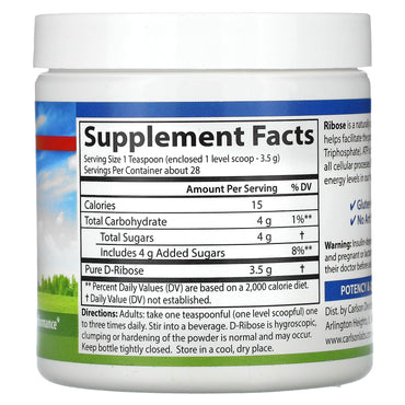 Carlson Labs, Ribose Powder 100 Gr., 1 Bottle UPC 088395088254 | HiLife Vitamins