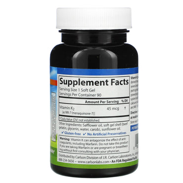 Carlson Labs, K2-7 45 mcg, 90 Softgels UPC 088395101106 | HiLife Vitamins