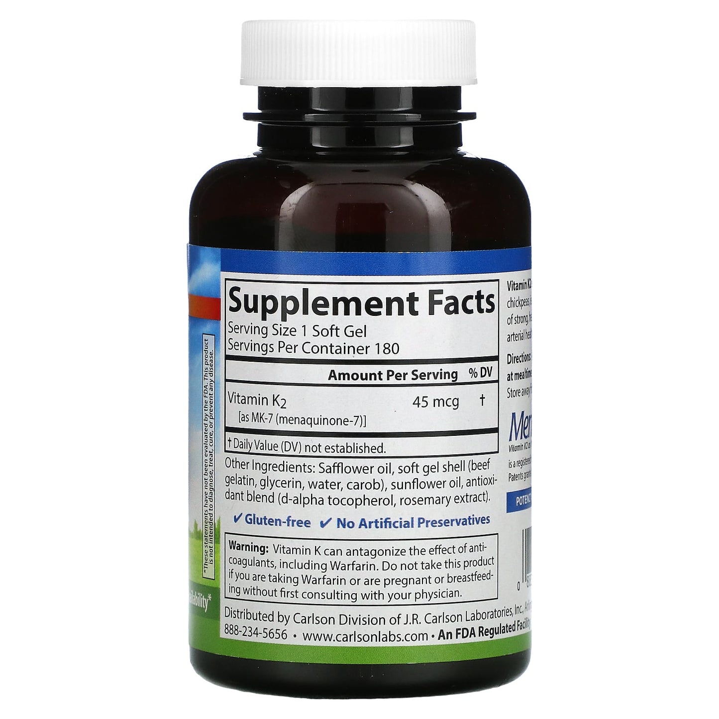 Carlson Labs, K2-7 45 mcg, 180 Softgels UPC 088395101205 | HiLife Vitamins
