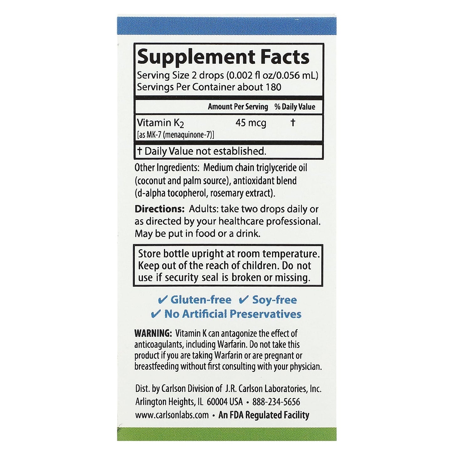 Carlson Labs, Super Daily K-2 Drops, .34 Fl. Oz UPC 088395103001 | HiLife Vitamins