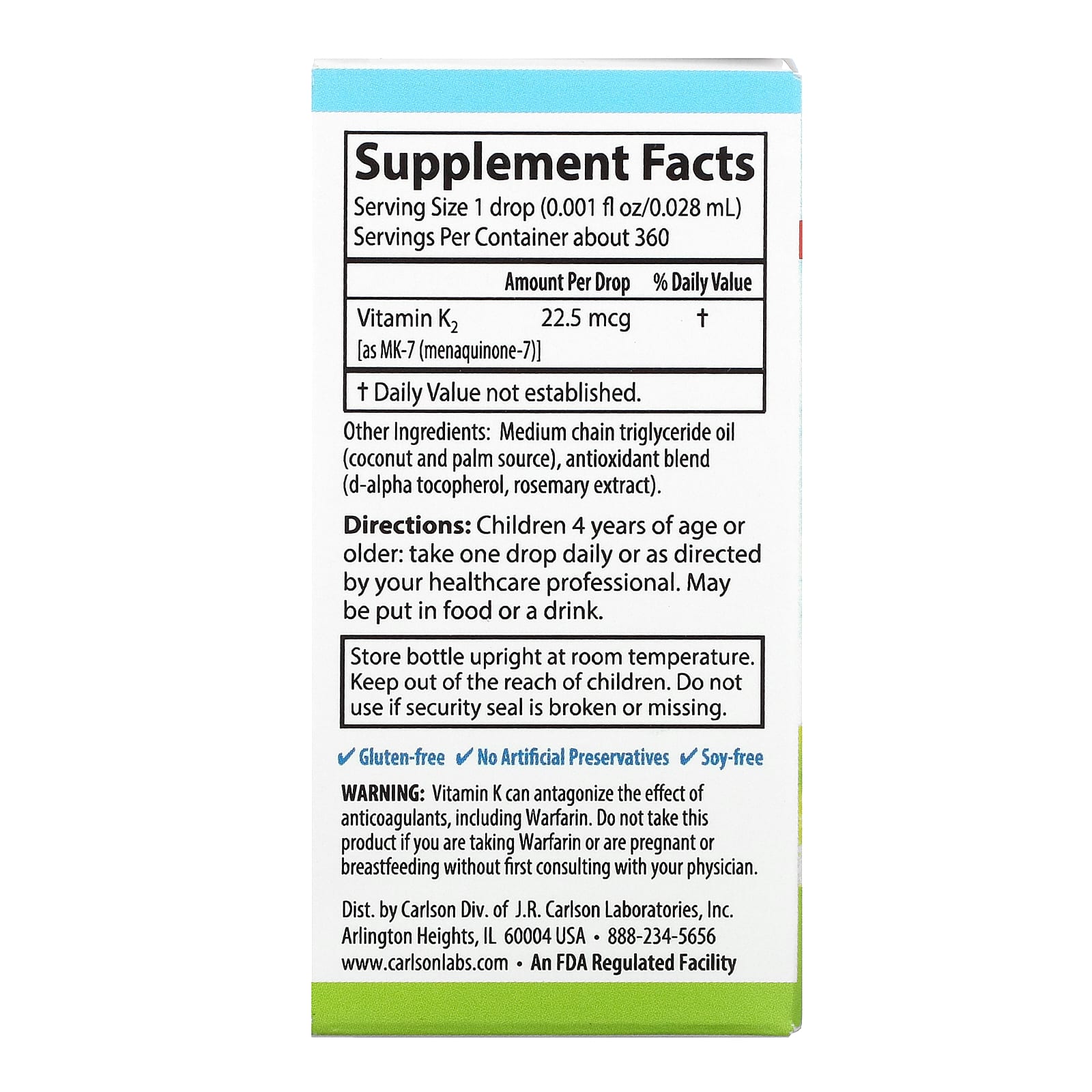Carlson Labs, Super Daily K-2 Drops For Kids, 360 drops UPC 088395103308 | HiLife Vitamins