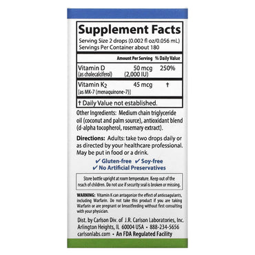 Carlson Labs, Super Daily D3 & K2 Drops, 360 drops UPC 088395105005 | HiLife Vitamins
